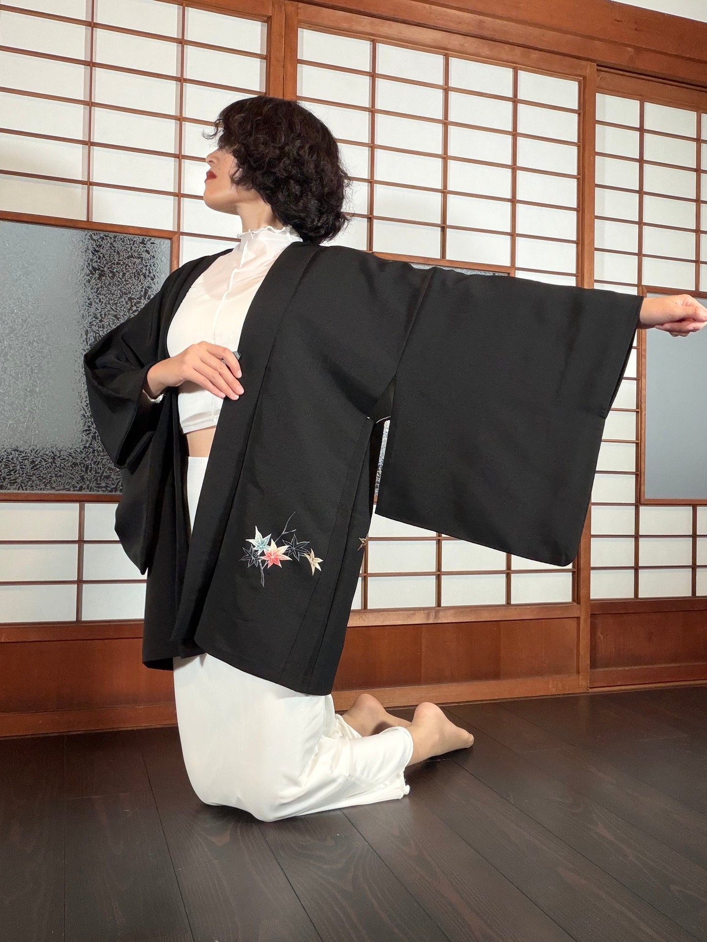 VINTAGE BLACK HAORI  "glitter, momiji , BLK197"