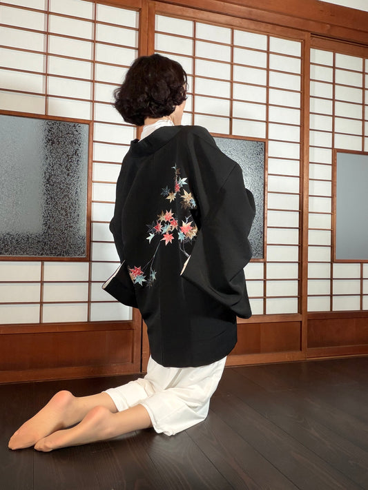 VINTAGE BLACK HAORI  "glitter, momiji , BLK197"
