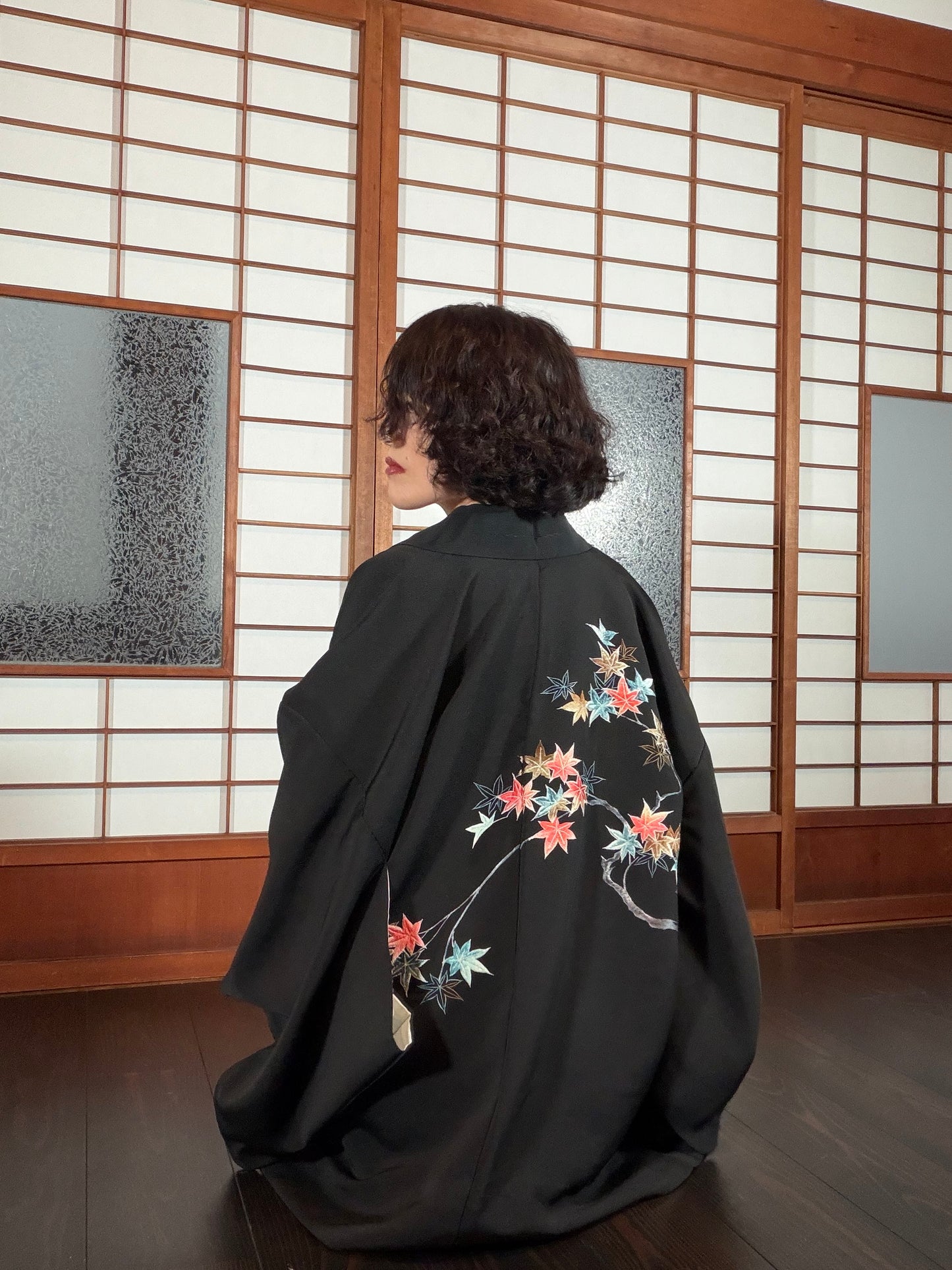 VINTAGE BLACK HAORI  "glitter, momiji , BLK197"