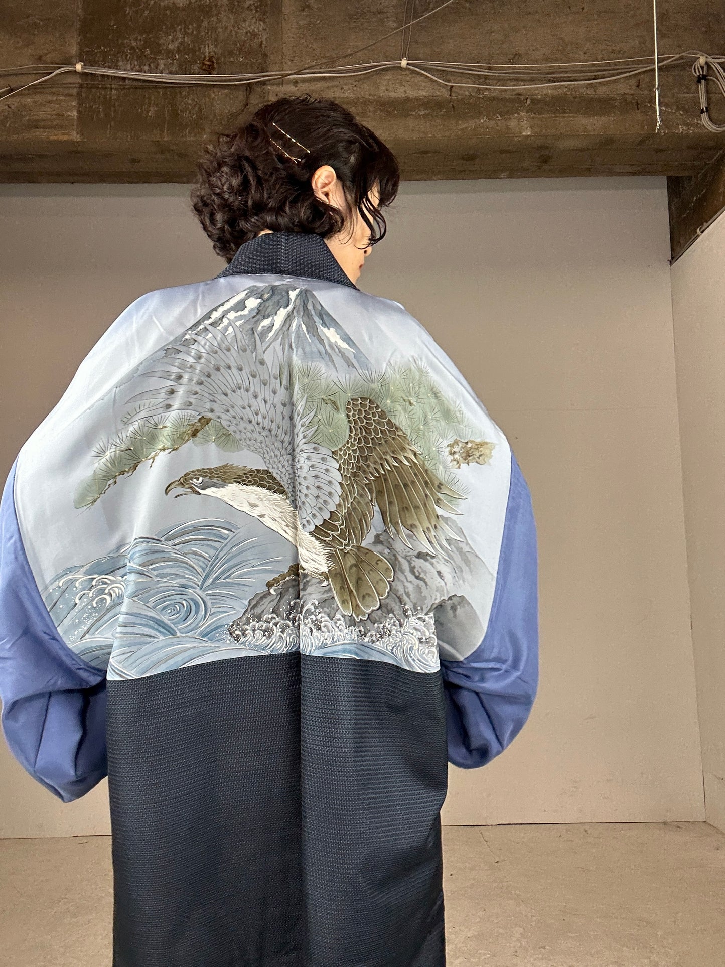 VINTAGE KAWAII HAORI oversized  "Oshima tsumugi 004 fuji eagle"