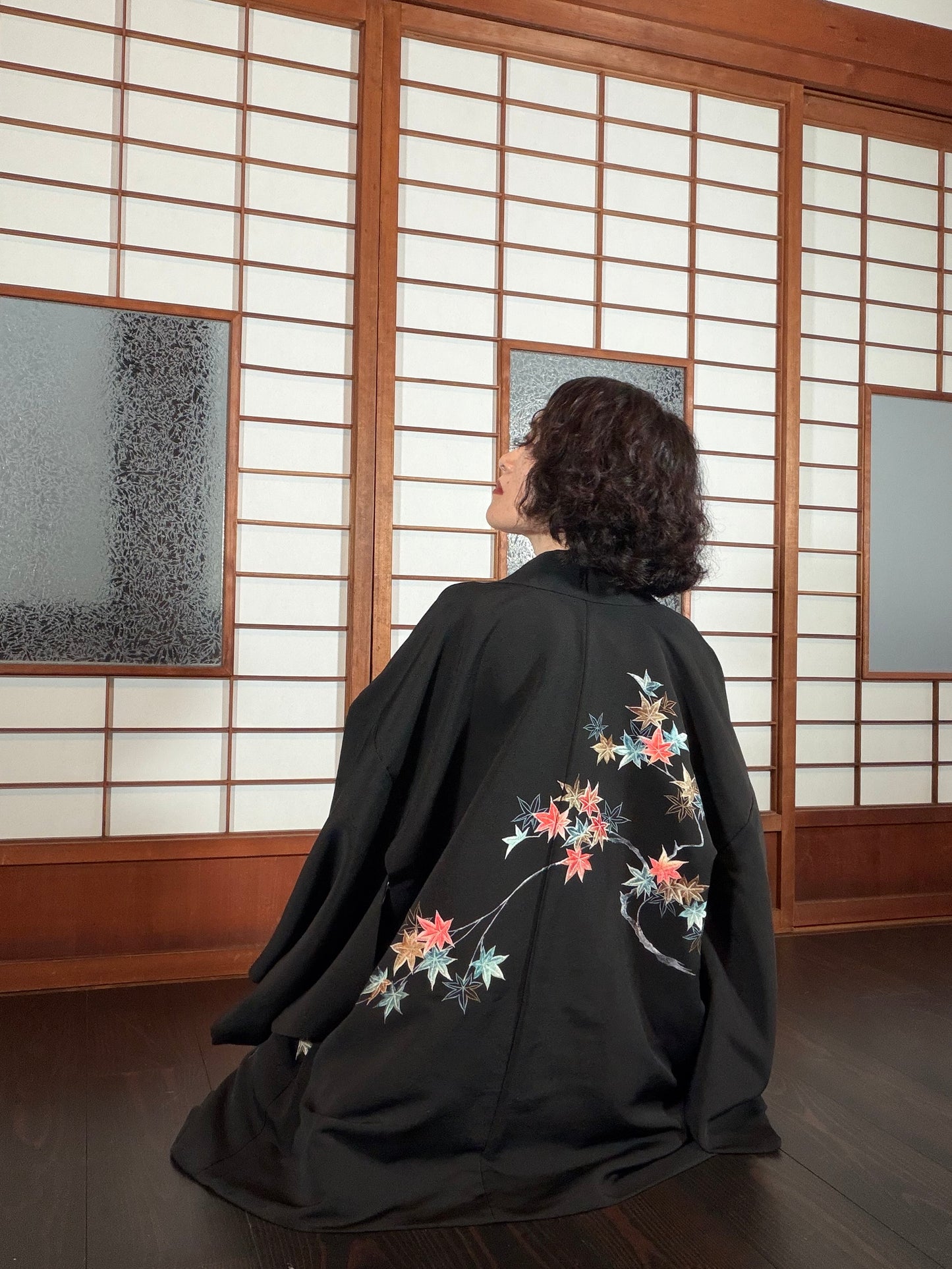 VINTAGE BLACK HAORI  "glitter, momiji , BLK197"