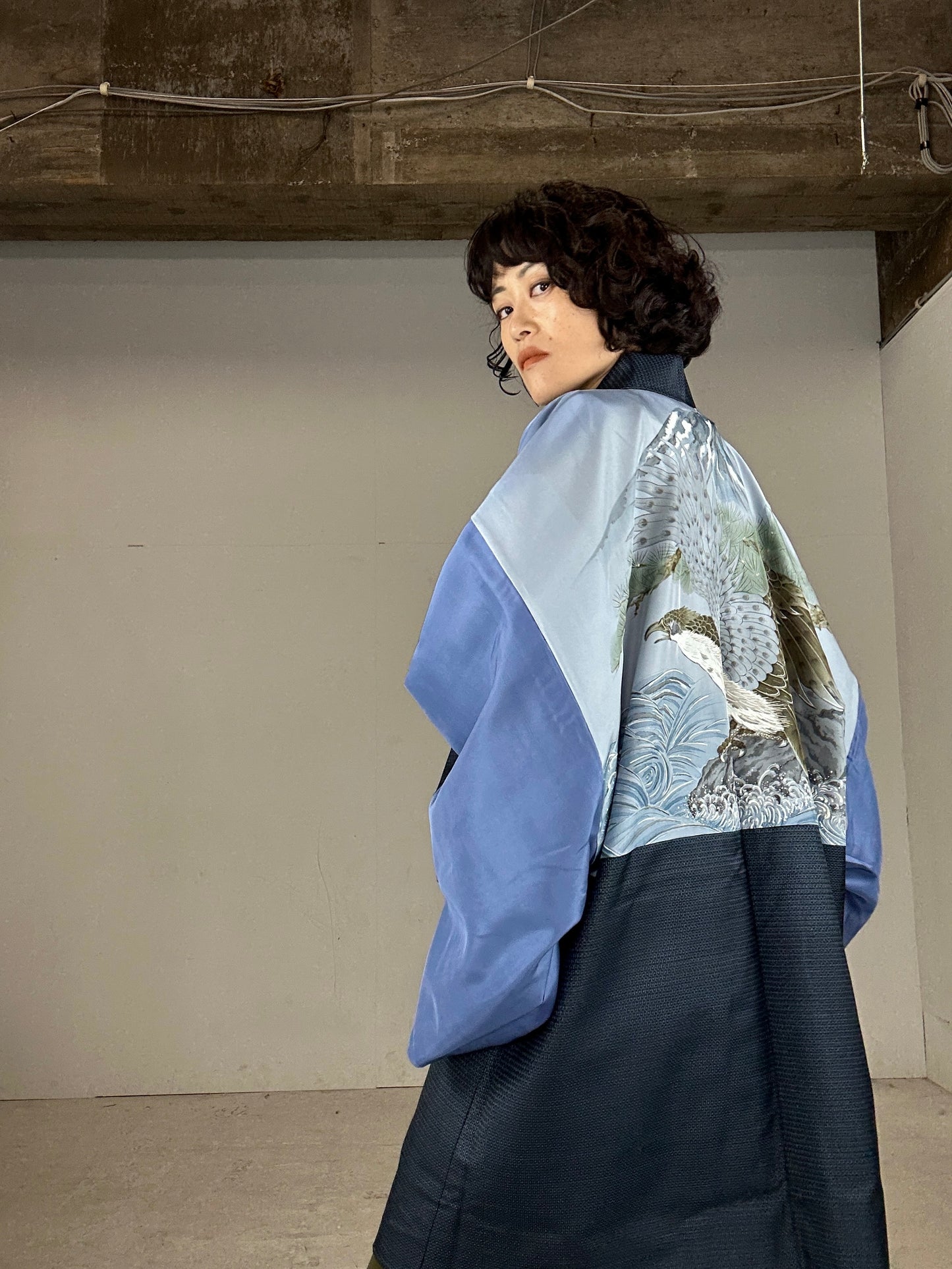 VINTAGE KAWAII HAORI oversized  "Oshima tsumugi 004 fuji eagle"