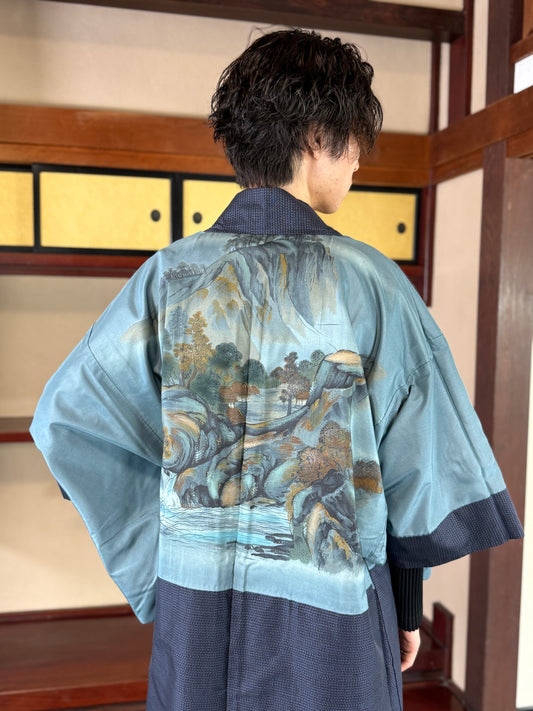 Oshima Tsumugi HAORI  and KIMONO elastic waist pants upcycled from Japanese kimono"keshiki, blue, ASB001"version 2