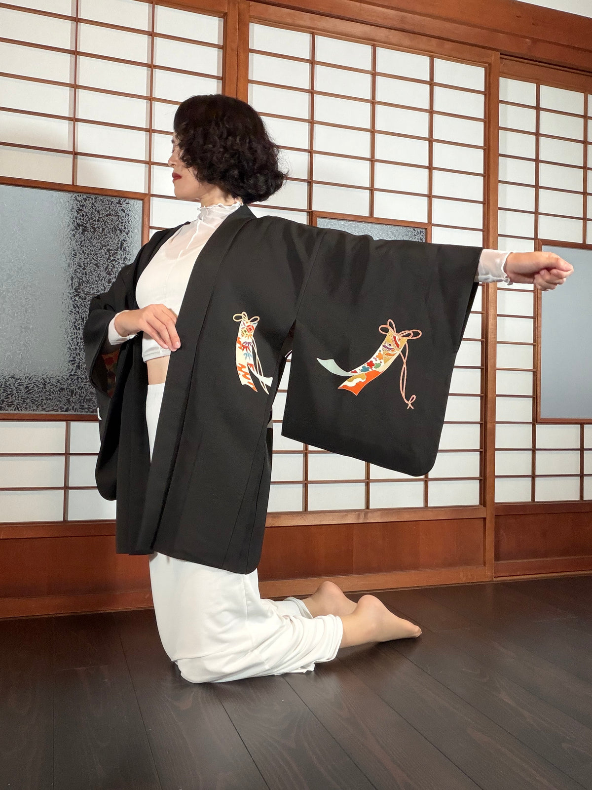VINTAGE BLACK HAORI  "heian-inside , BLK198"