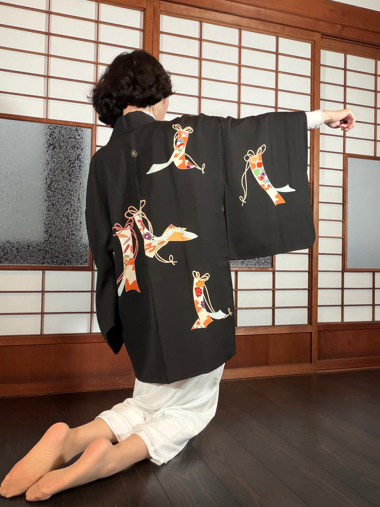 VINTAGE BLACK HAORI  "heian-inside , BLK198"