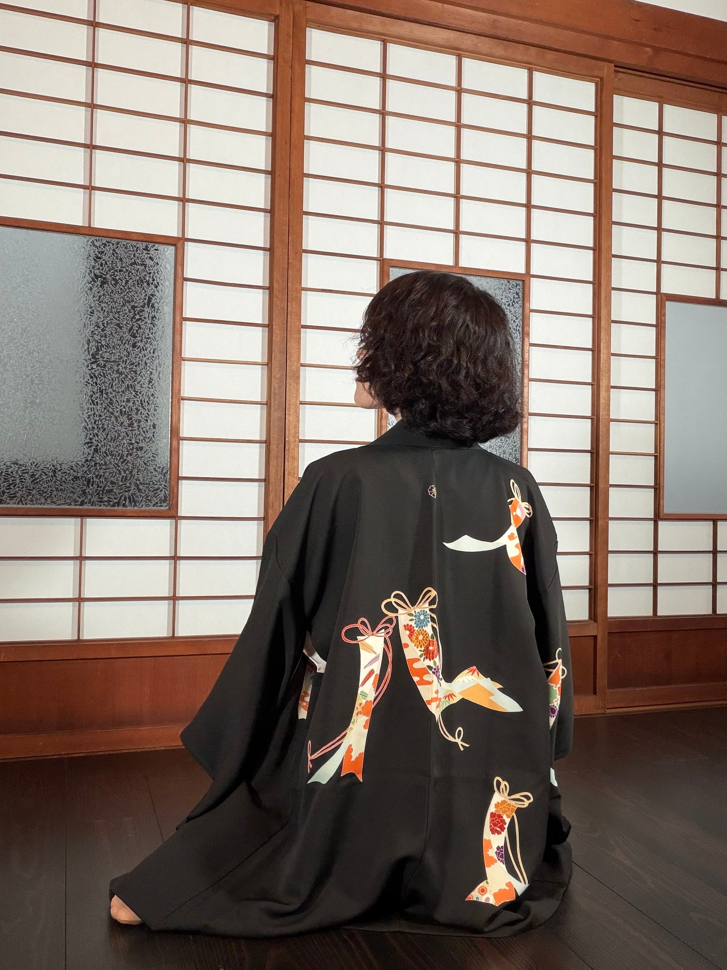 VINTAGE BLACK HAORI  "heian-inside , BLK198"
