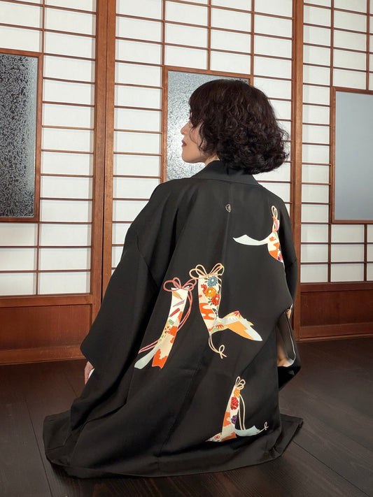 VINTAGE BLACK HAORI  "heian-inside , BLK198"