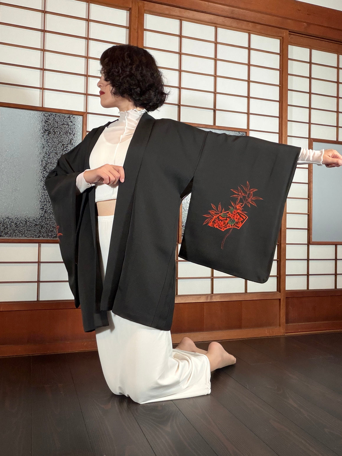 VINTAGE BLACK HAORI  "aka, ougi, BLK199"