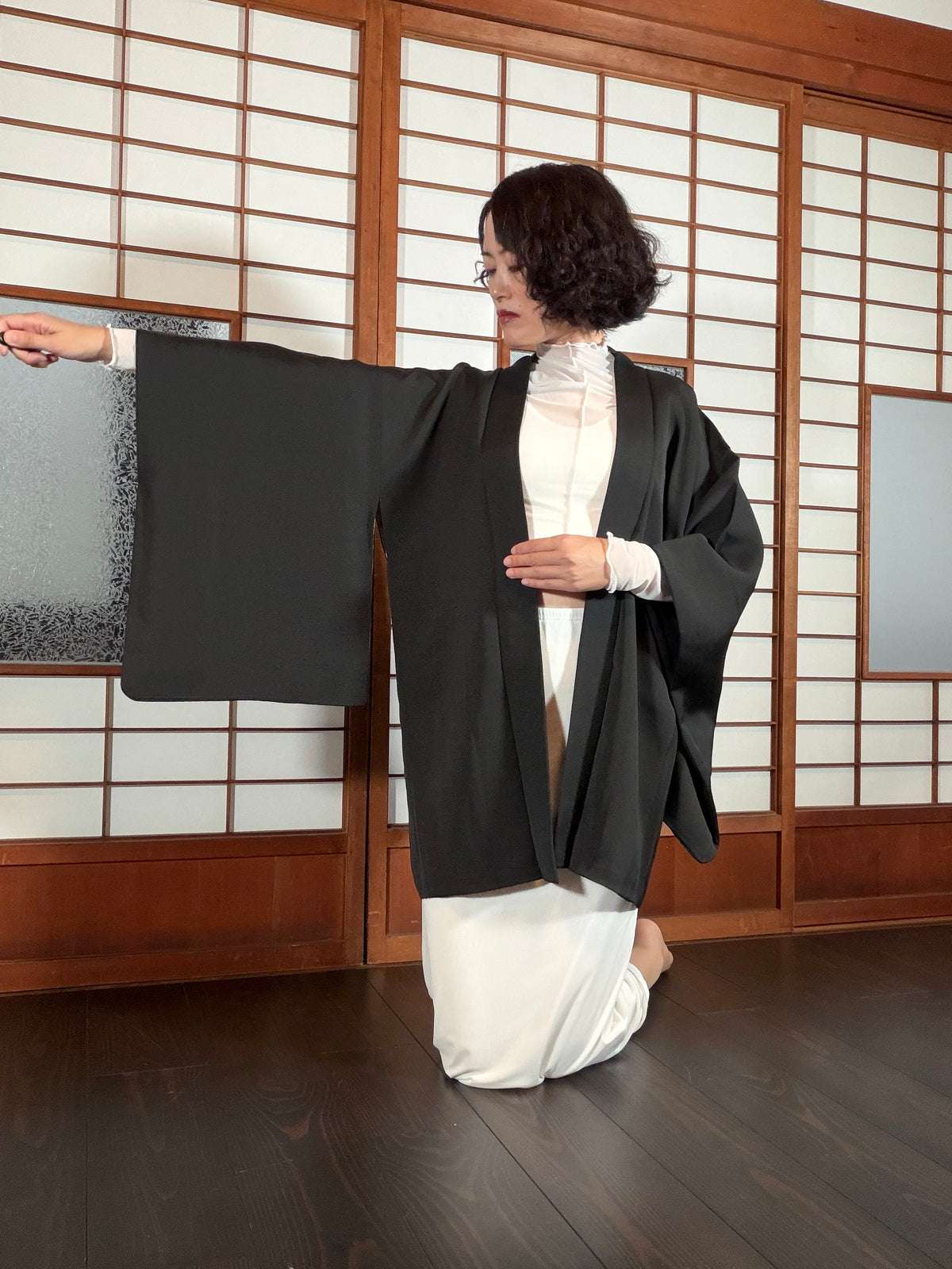 VINTAGE BLACK HAORI  "aka, ougi, BLK199"