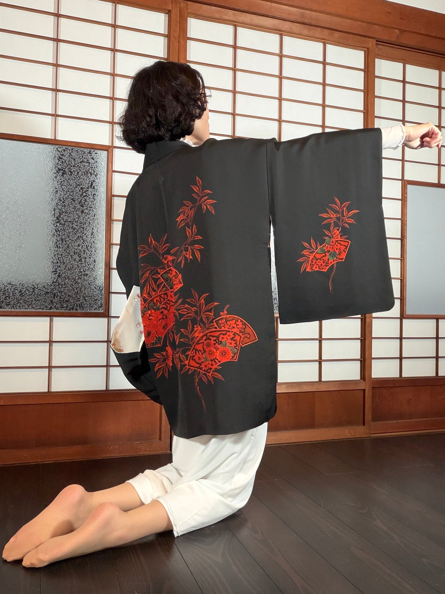 VINTAGE BLACK HAORI  "aka, ougi, BLK199"