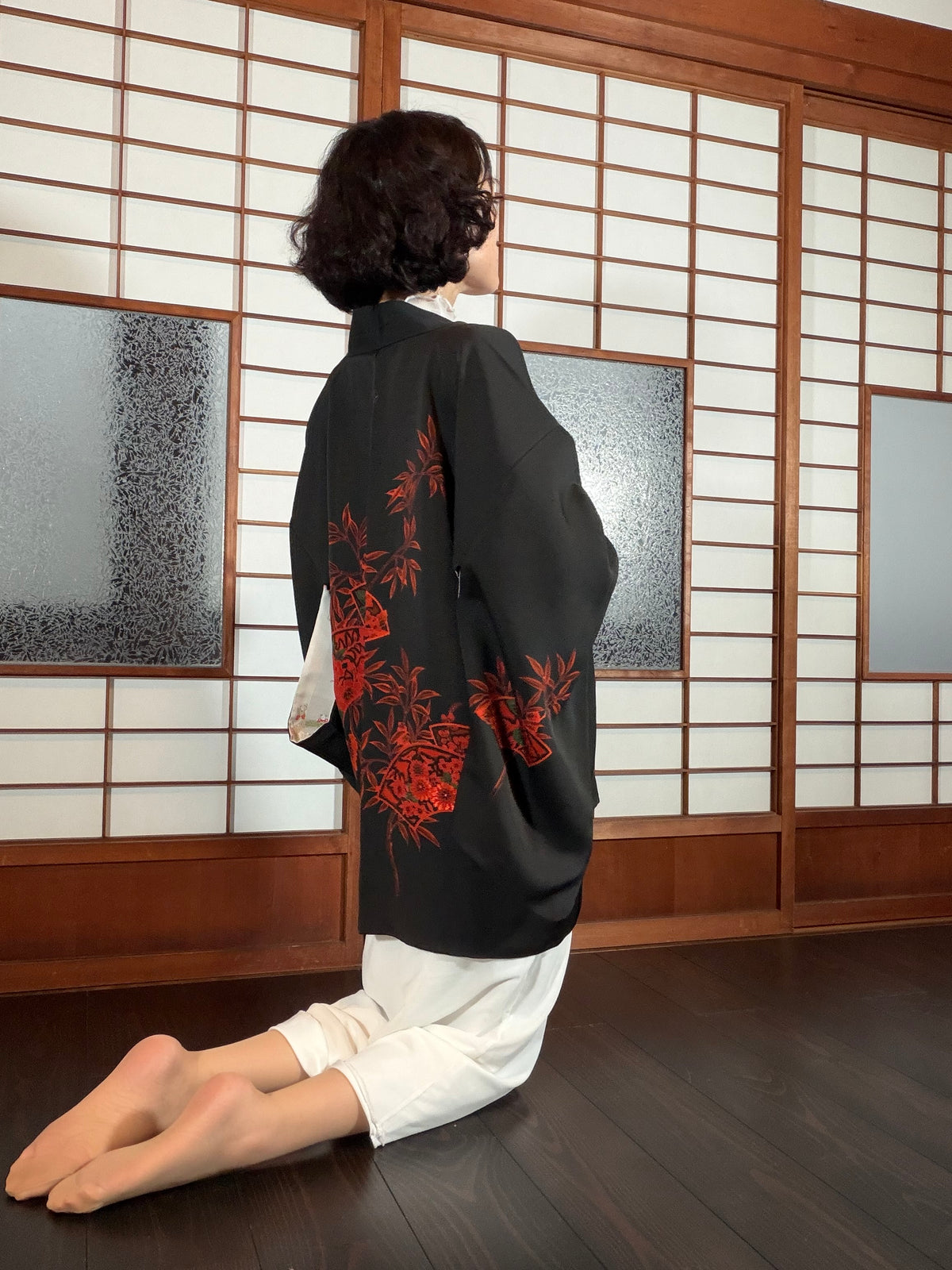 VINTAGE BLACK HAORI  "aka, ougi, BLK199"
