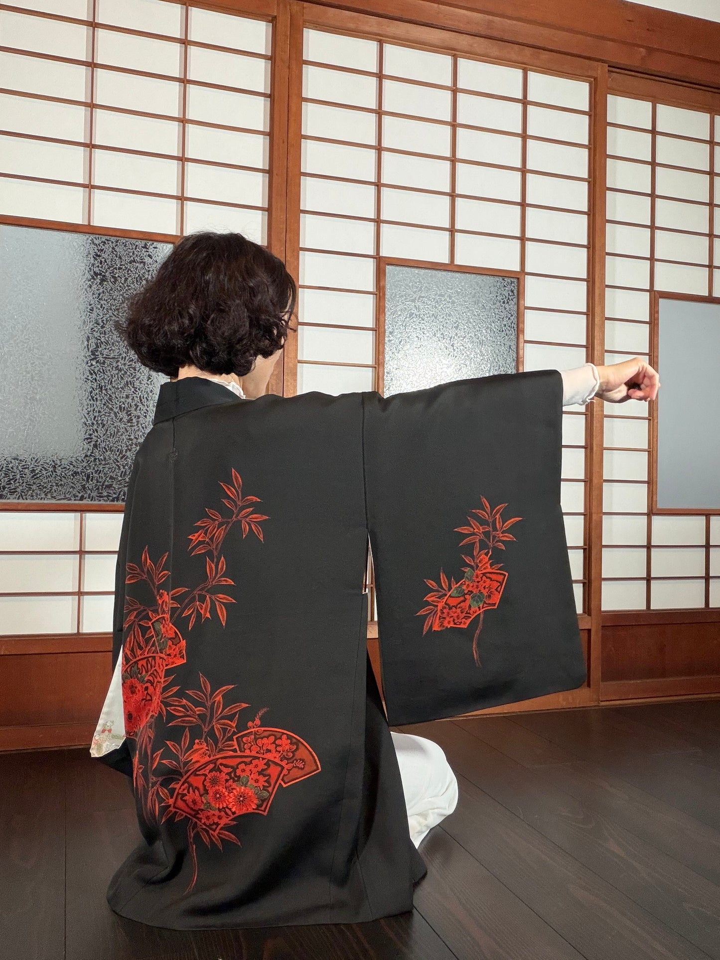 VINTAGE BLACK HAORI  "aka, ougi, BLK199"