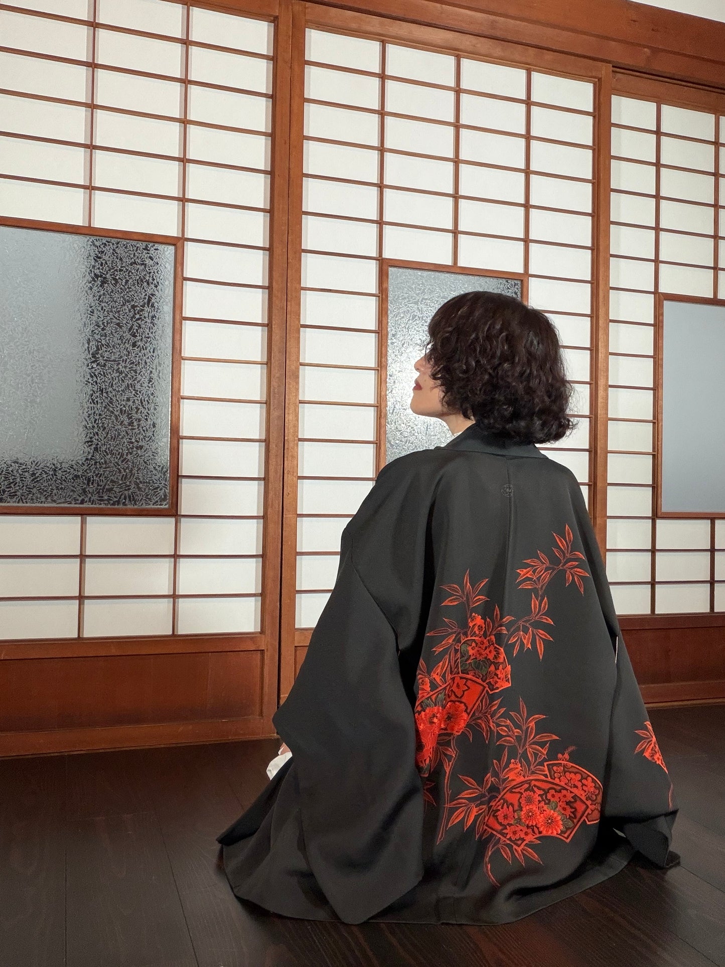 VINTAGE BLACK HAORI  "aka, ougi, BLK199"