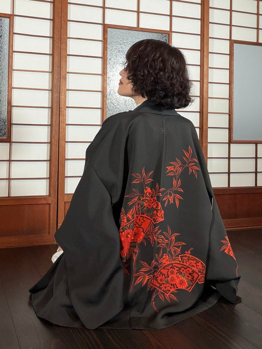 VINTAGE BLACK HAORI  "aka, ougi, BLK199"