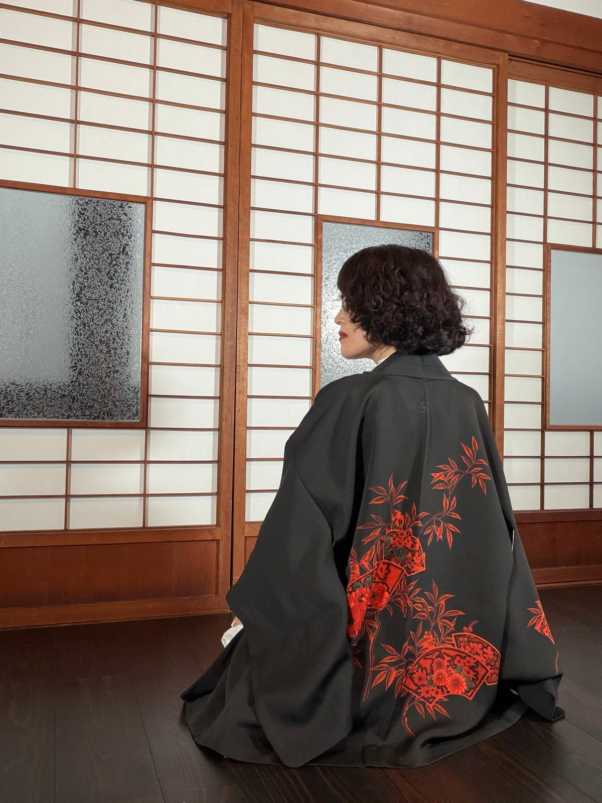 VINTAGE BLACK HAORI  "aka, ougi, BLK199"