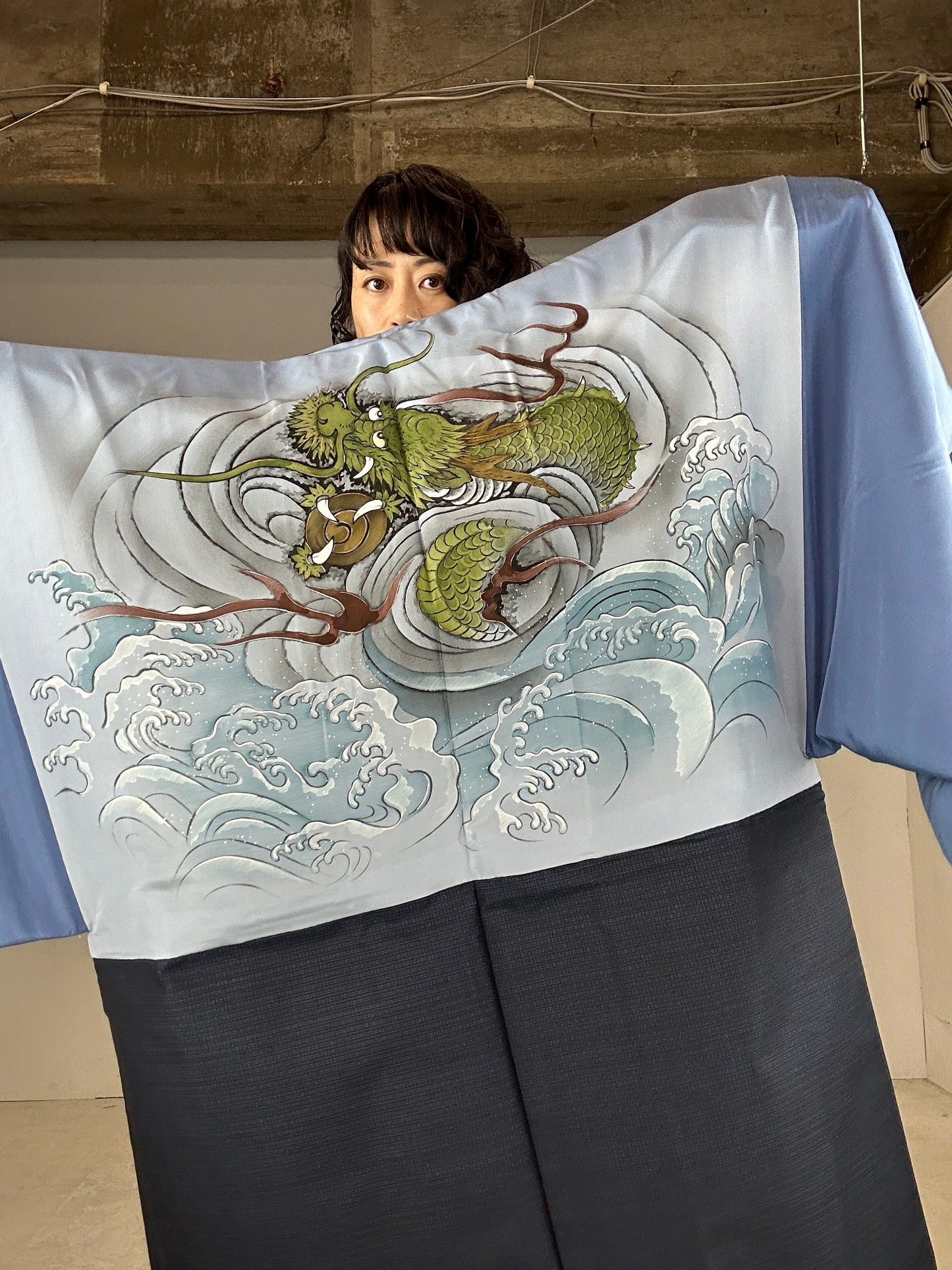 KAWAII HAORI oversized  " Tsumugi haori blue 001 dragon"