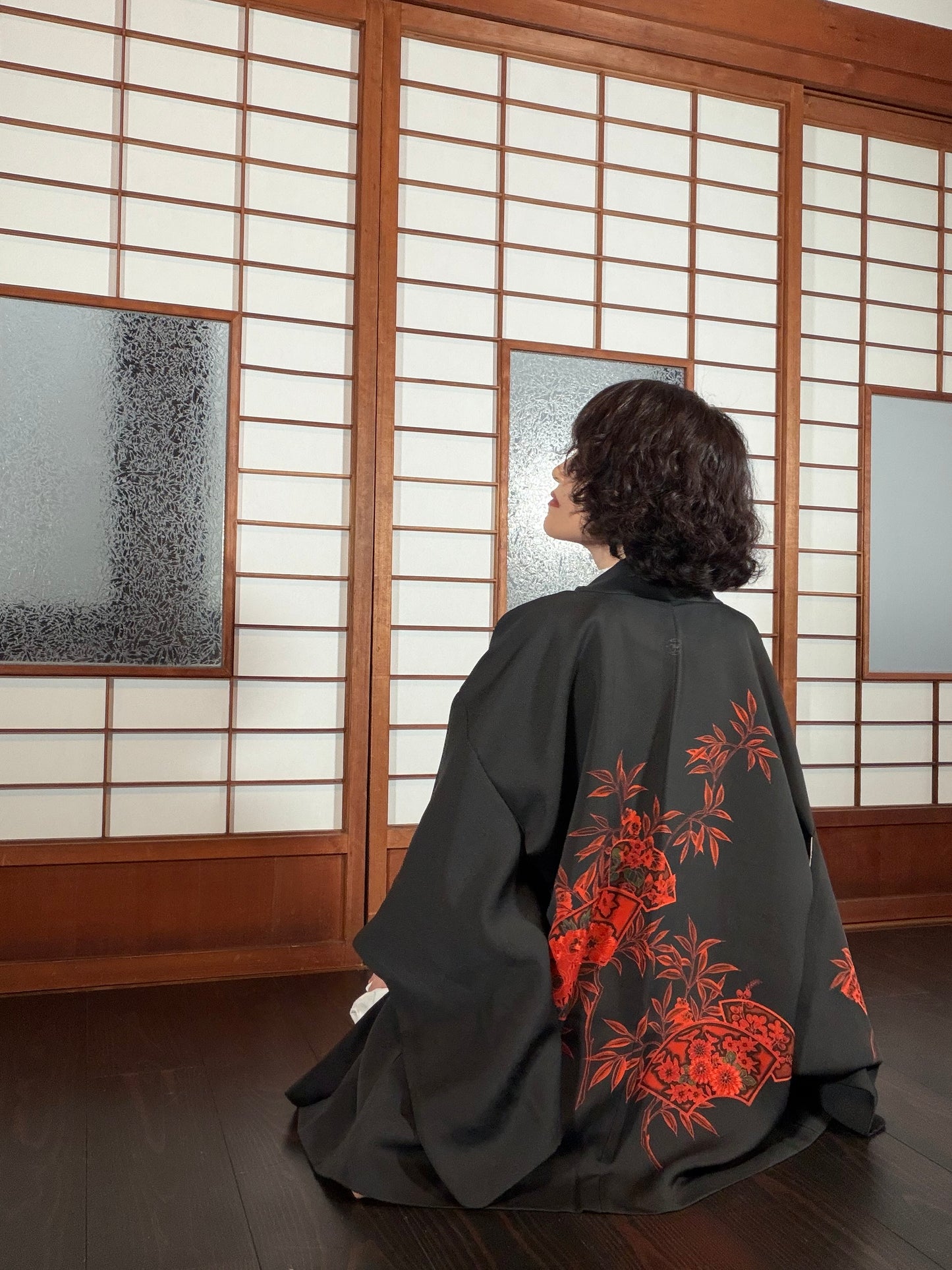 VINTAGE BLACK HAORI  "aka, ougi, BLK199"