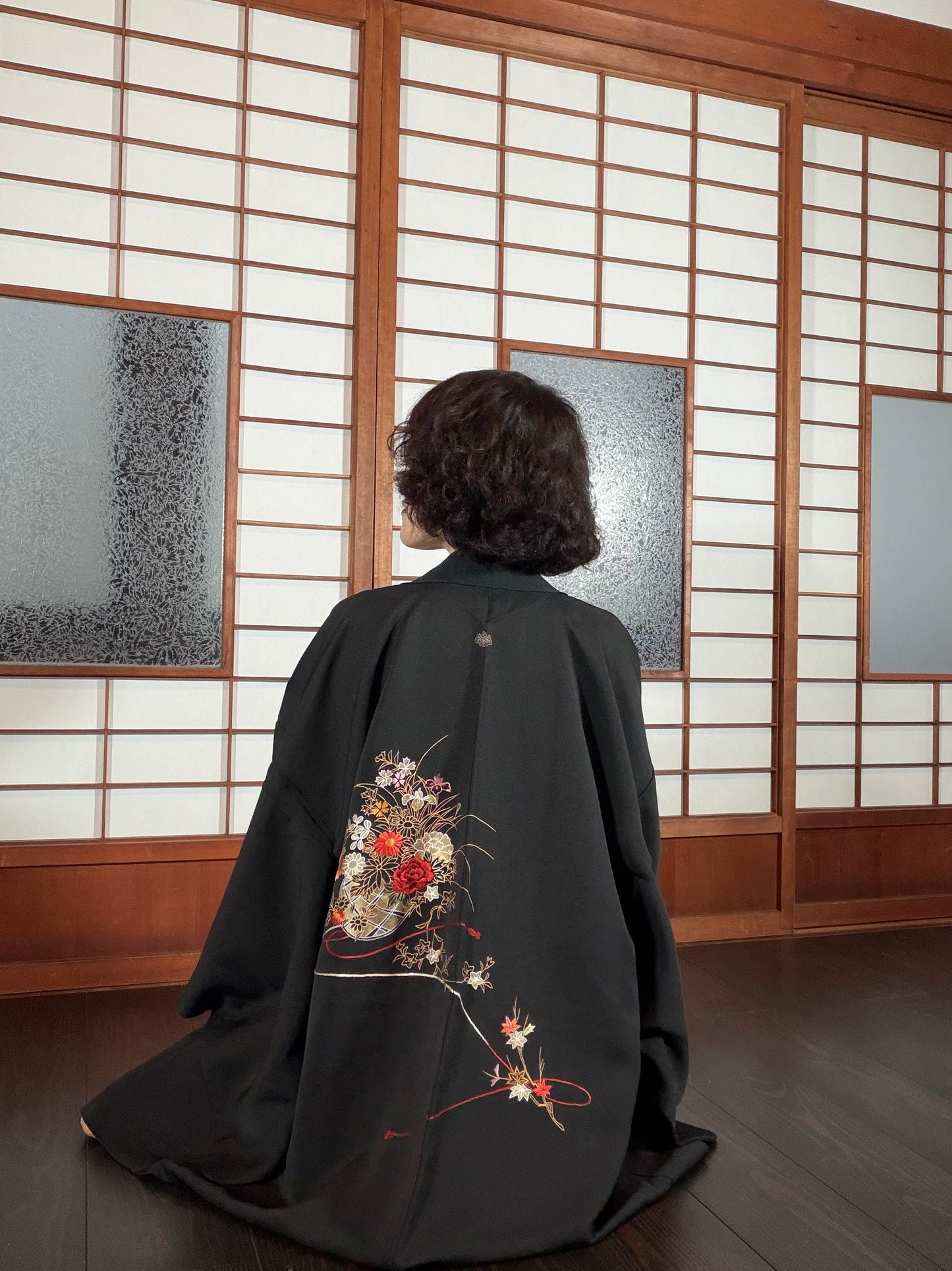 VINTAGE BLACK HAORI  "inside-flower, gold, BLK201"