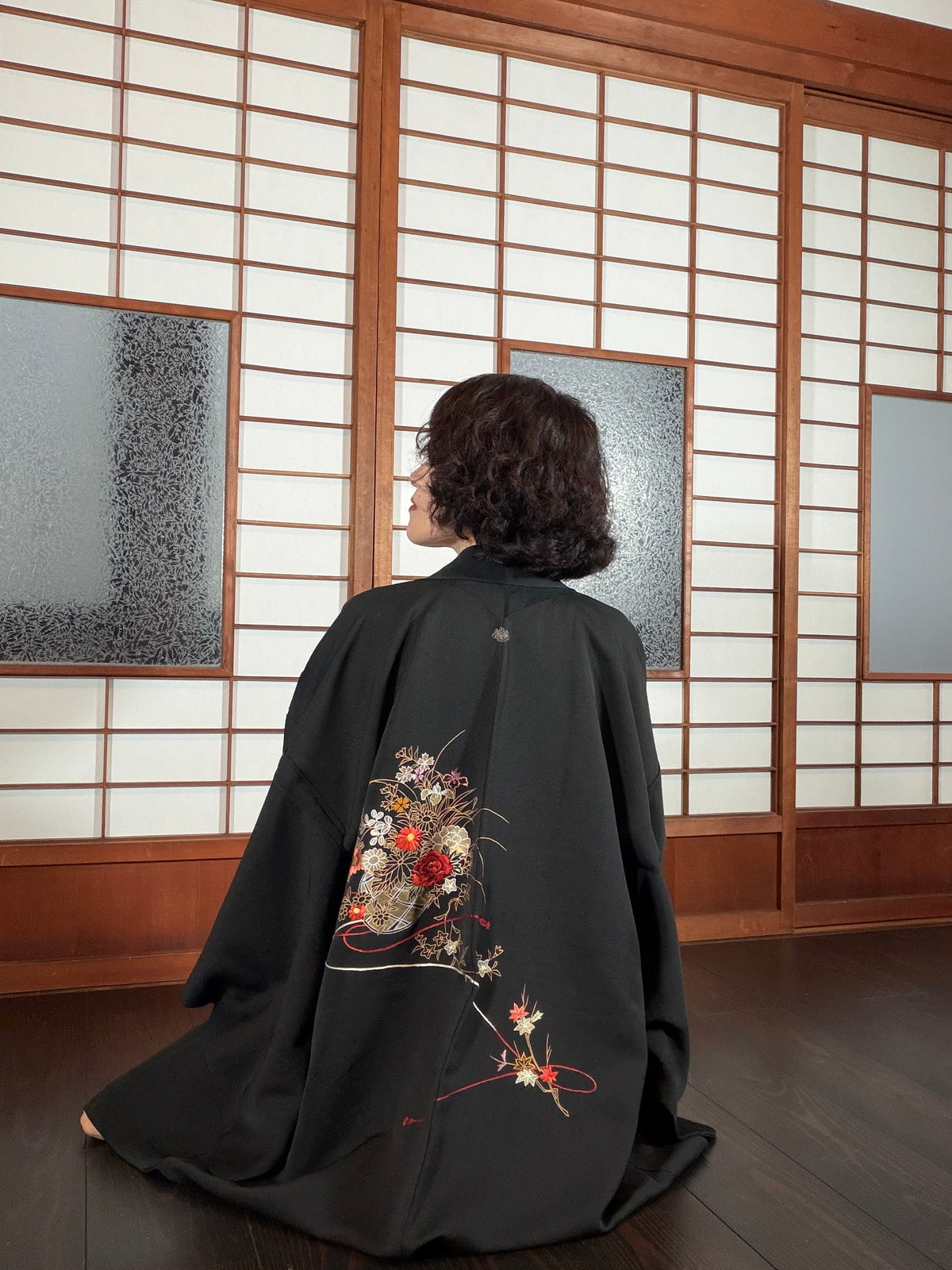 VINTAGE BLACK HAORI  "inside-flower, gold, BLK201"