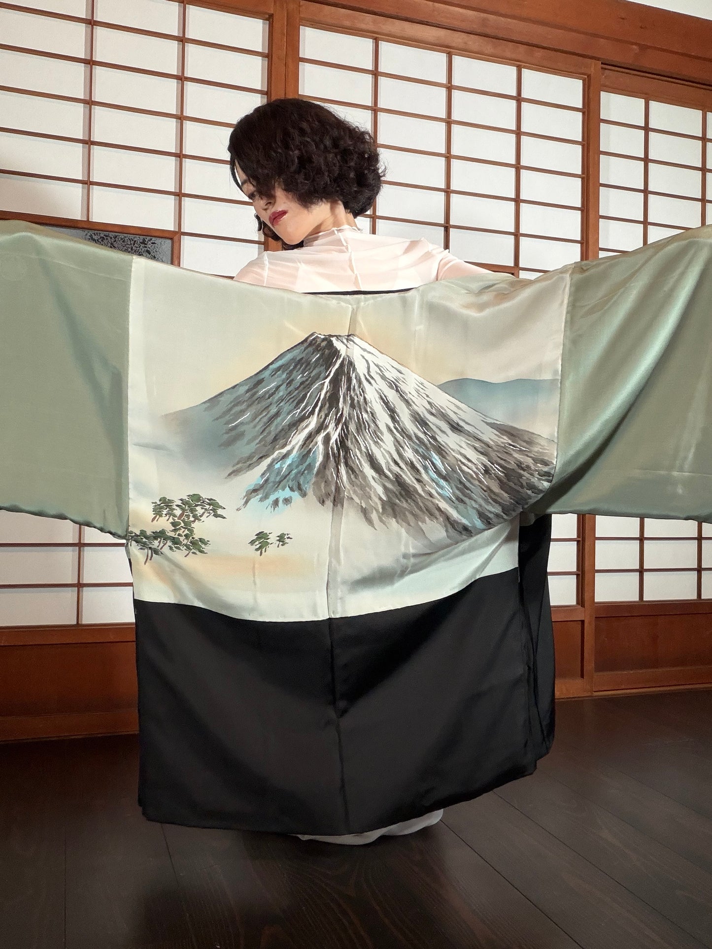 VINTAGE KUROMONTSUKI HAORI "fuji, KUR127"