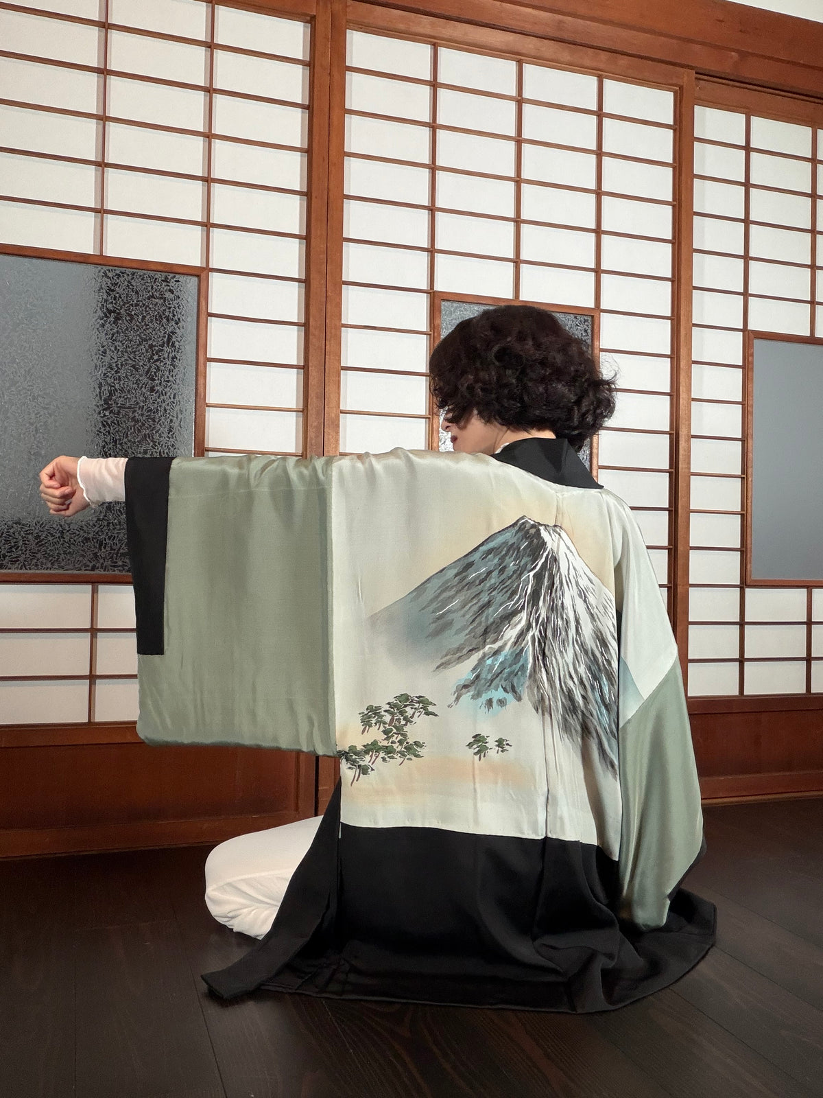 VINTAGE KUROMONTSUKI HAORI "fuji, KUR127"