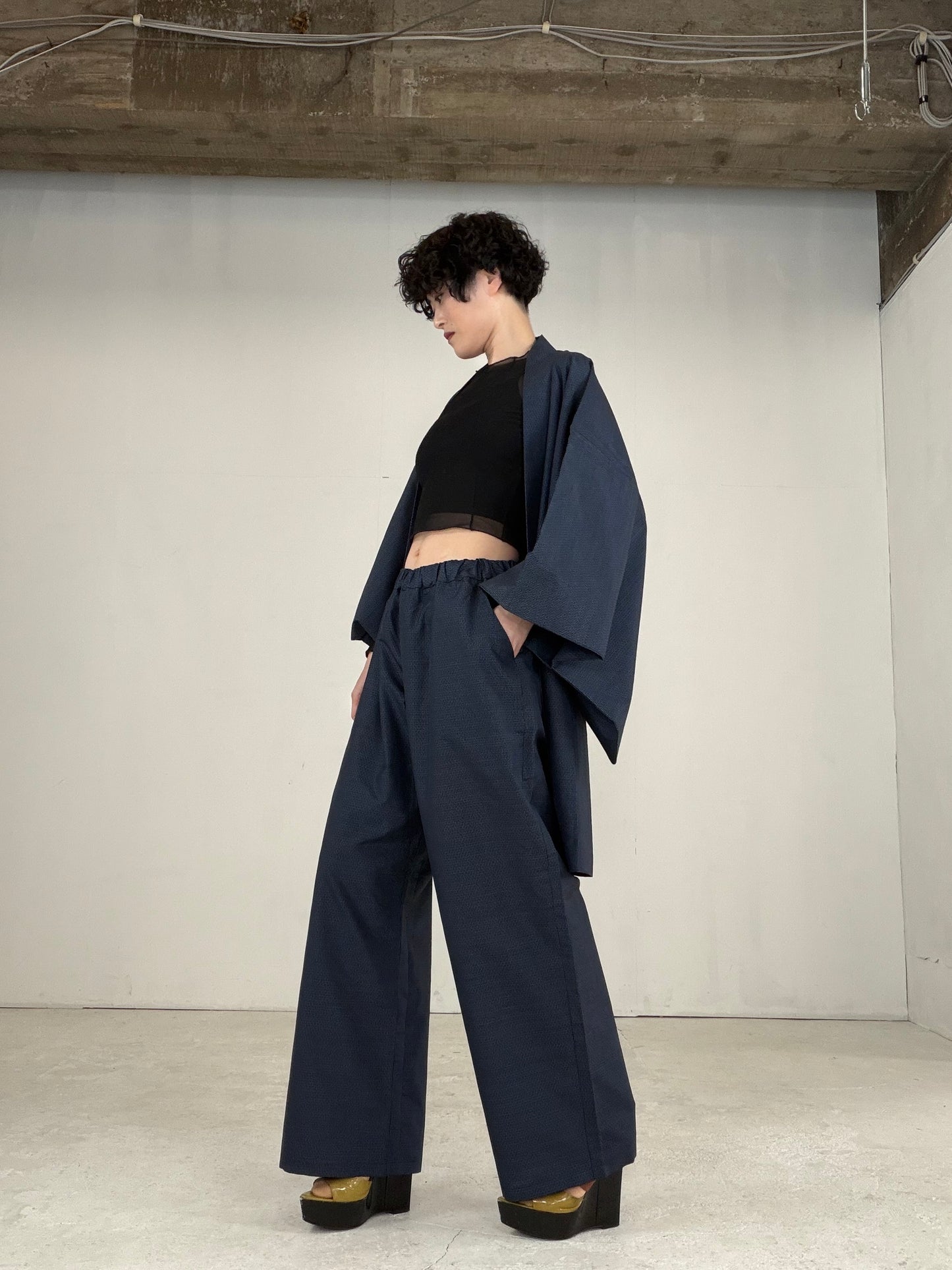Oshima Tsumugi HAORI  and KIMONO elastic waist pants upcycled from Japanese kimono" ASB008"