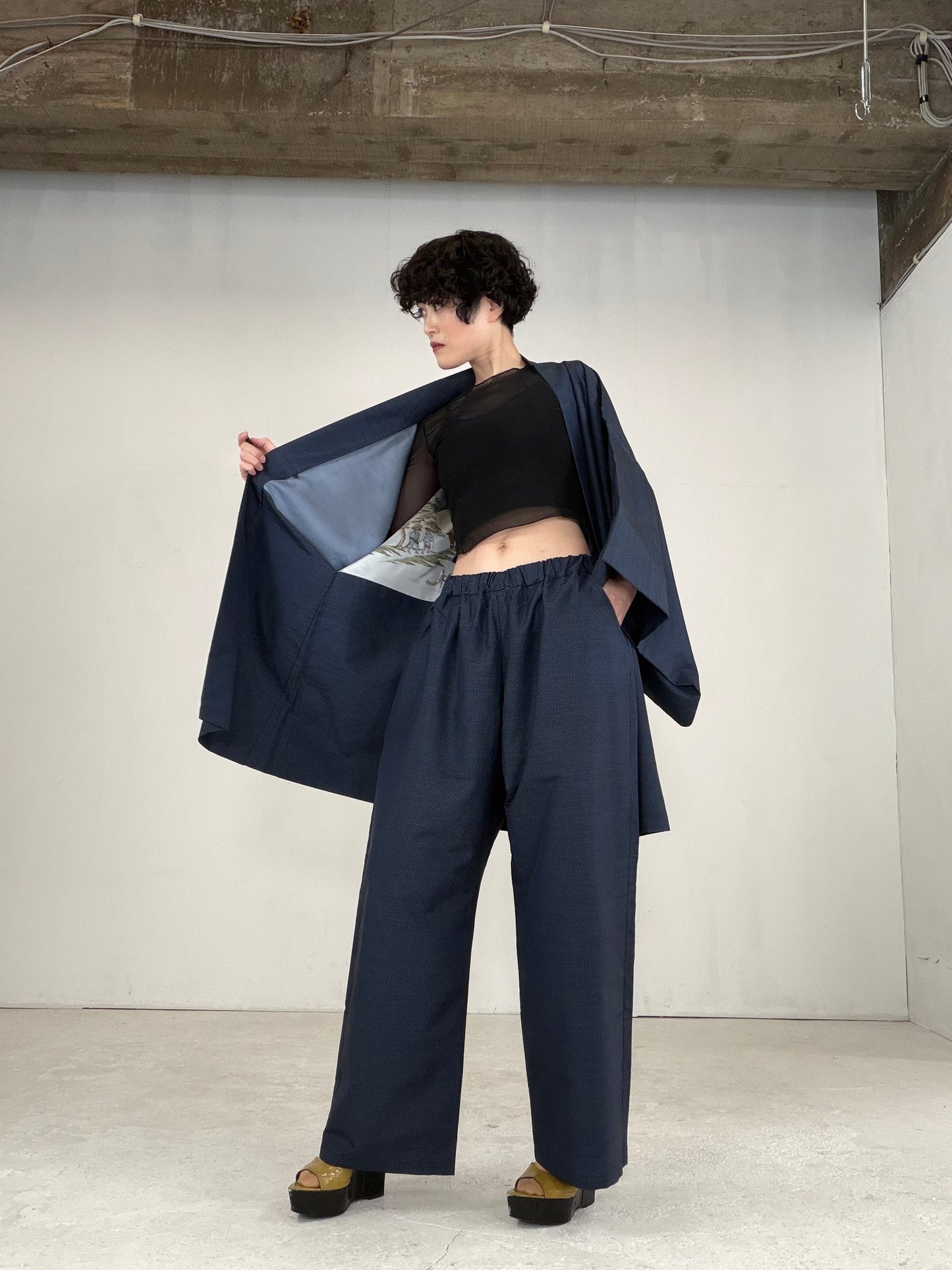 Oshima Tsumugi HAORI  and KIMONO elastic waist pants upcycled from Japanese kimono" ASB008"
