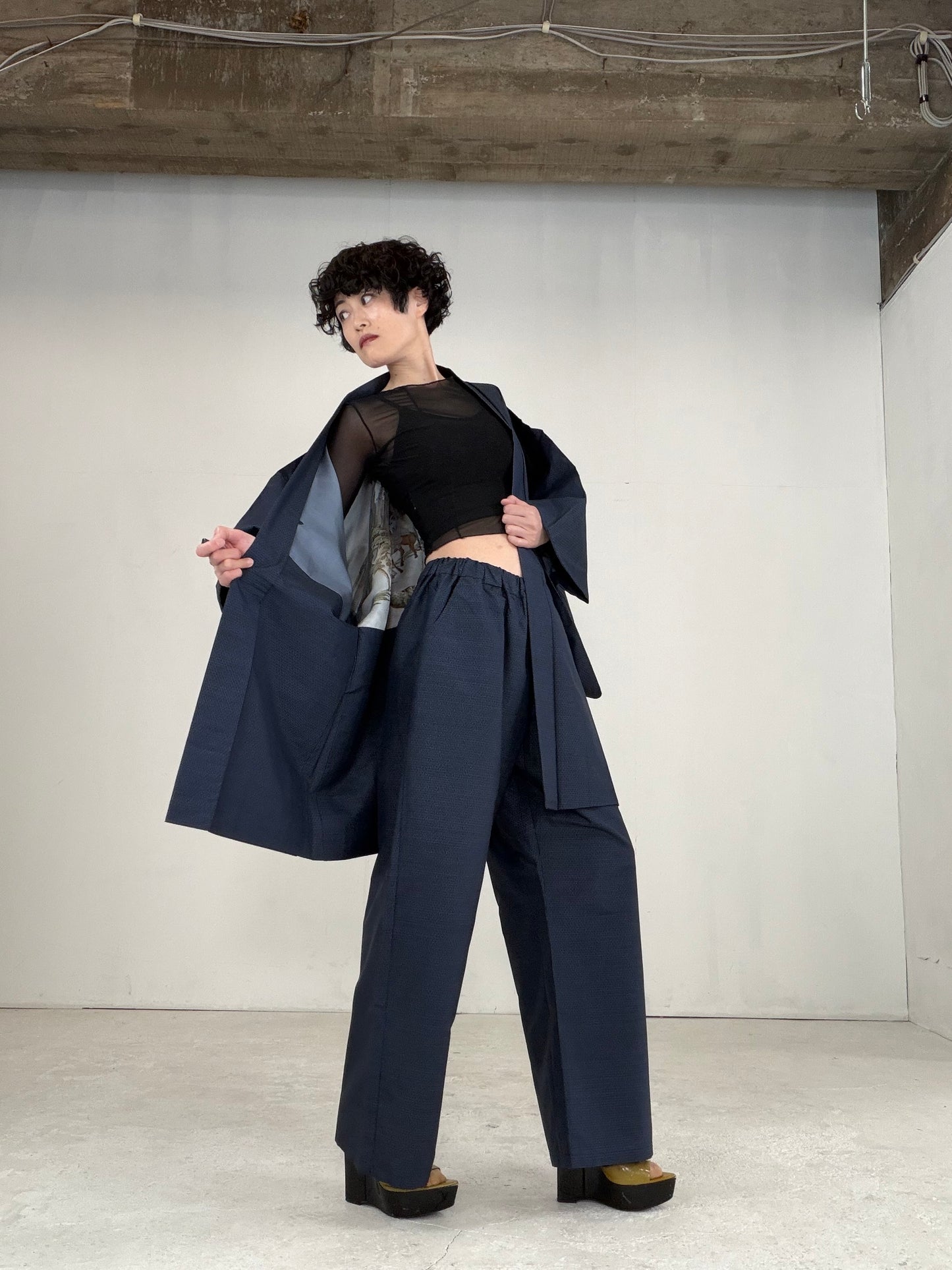 Oshima Tsumugi HAORI  and KIMONO elastic waist pants upcycled from Japanese kimono" ASB008"