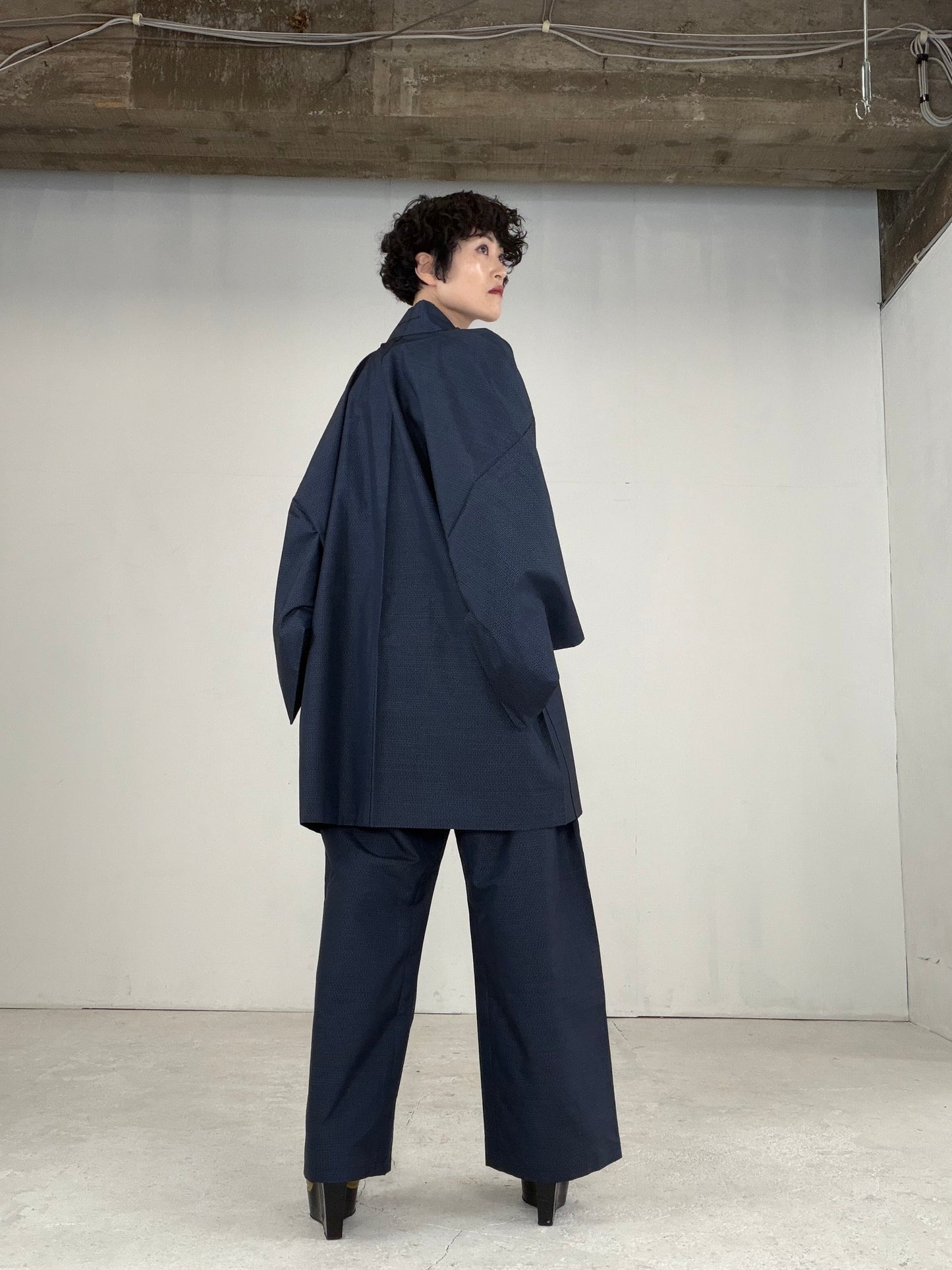 Oshima Tsumugi HAORI  and KIMONO elastic waist pants upcycled from Japanese kimono" ASB008"