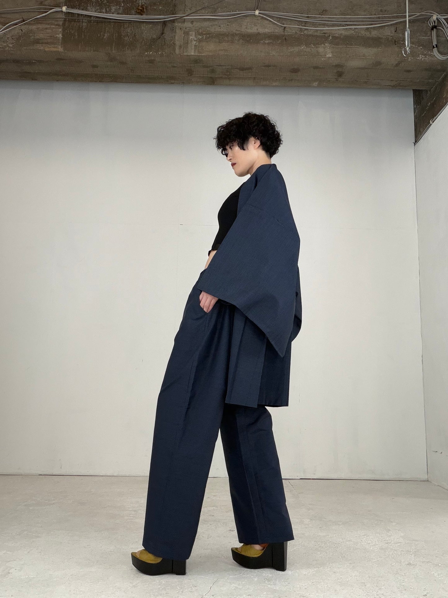 Oshima Tsumugi HAORI  and KIMONO elastic waist pants upcycled from Japanese kimono" ASB008"