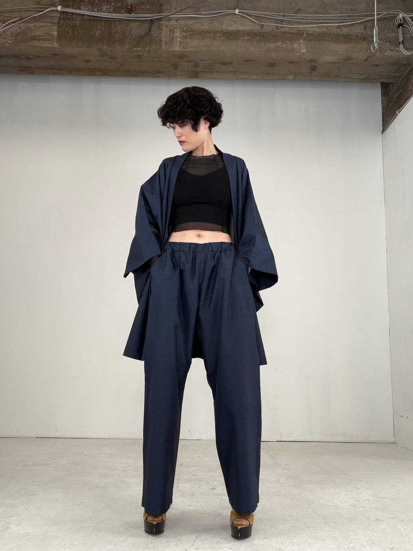 Oshima Tsumugi HAORI  and KIMONO elastic waist pants upcycled from Japanese kimono" ASB008"