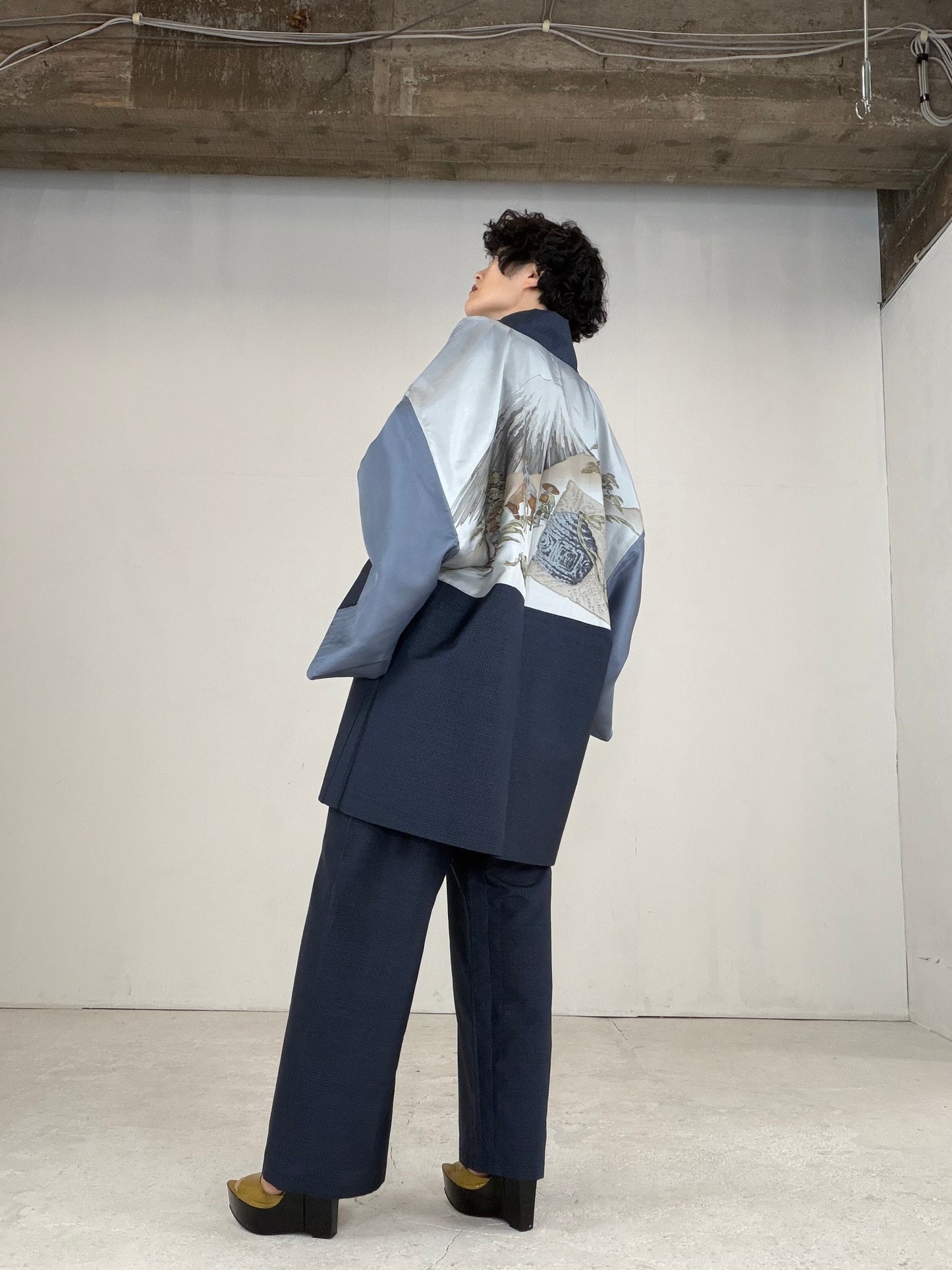 Oshima Tsumugi HAORI  and KIMONO elastic waist pants upcycled from Japanese kimono" ASB008"