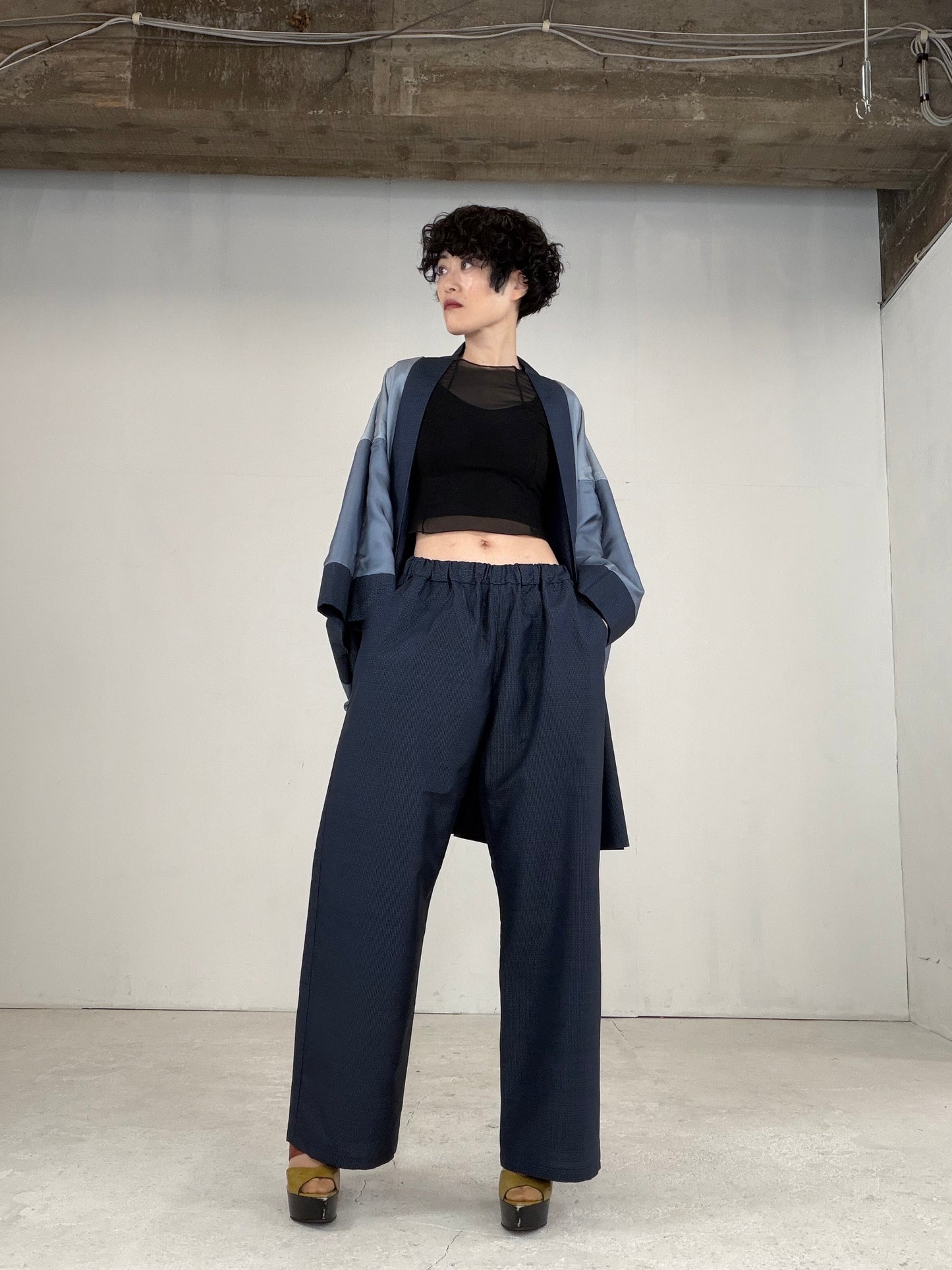 Oshima Tsumugi HAORI  and KIMONO elastic waist pants upcycled from Japanese kimono" ASB008"