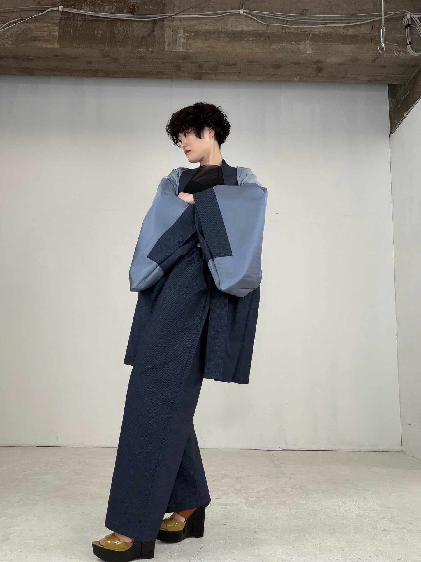 Oshima Tsumugi HAORI  and KIMONO elastic waist pants upcycled from Japanese kimono" ASB008"