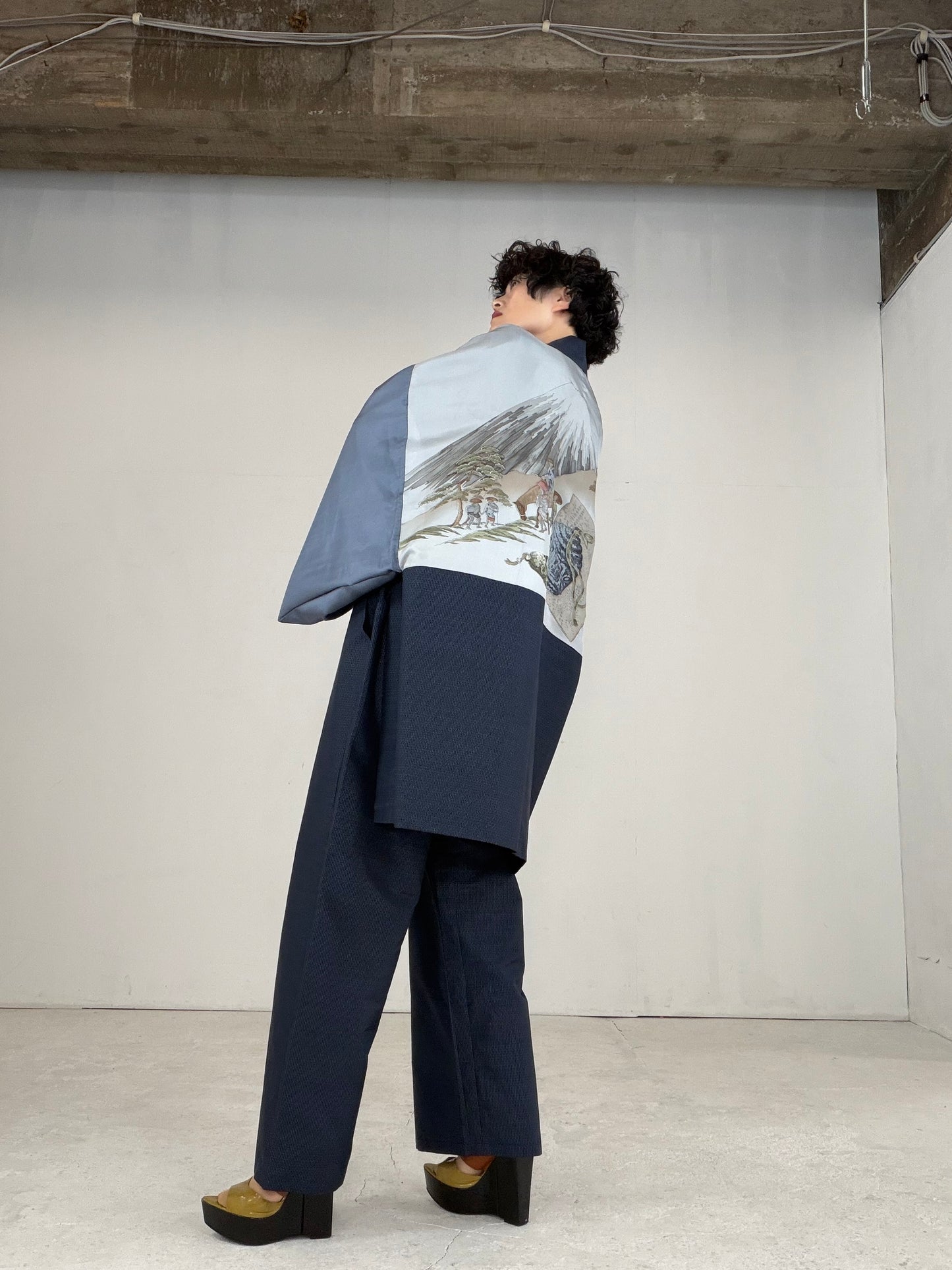 Oshima Tsumugi HAORI  and KIMONO elastic waist pants upcycled from Japanese kimono" ASB008"