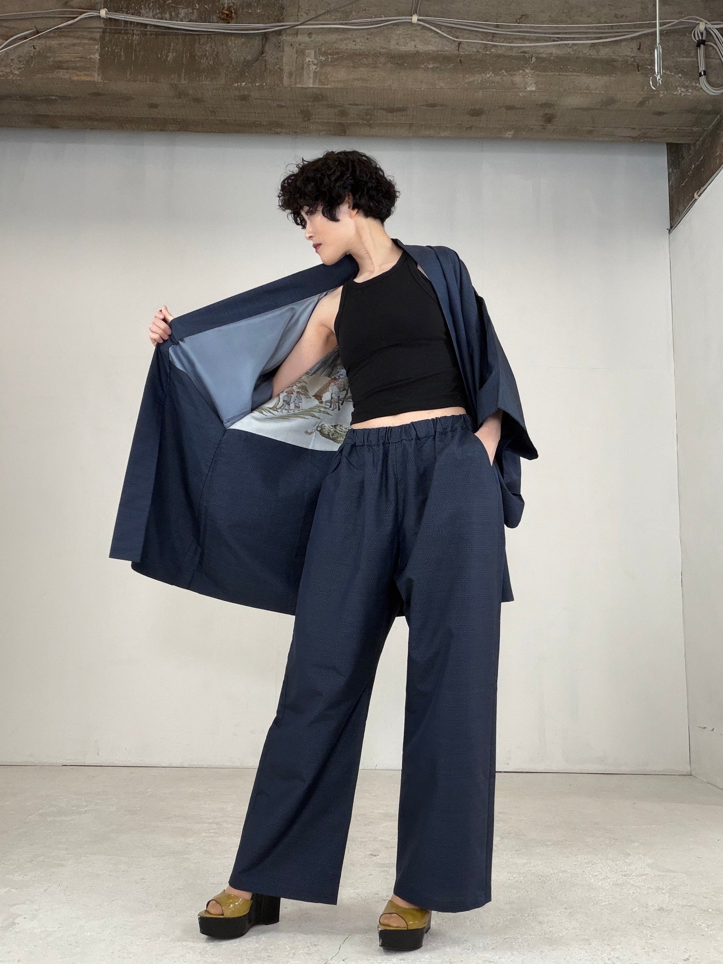 Oshima Tsumugi HAORI  and KIMONO elastic waist pants upcycled from Japanese kimono" ASB008"