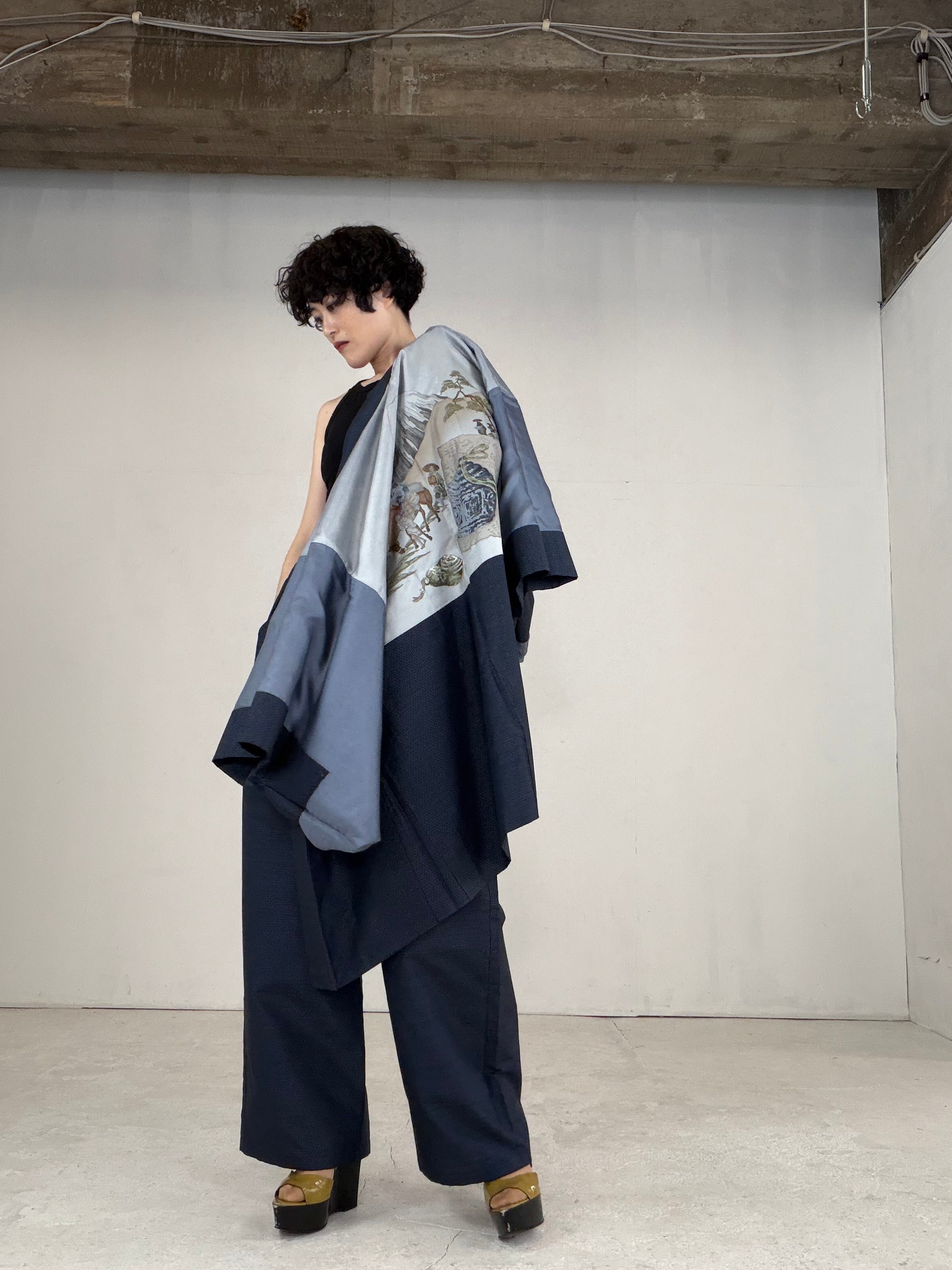 Oshima Tsumugi HAORI and KIMONO elastic waist pants upcycled from