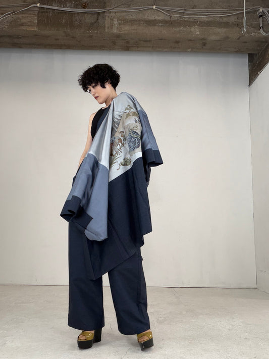 Oshima Tsumugi HAORI  and KIMONO elastic waist pants upcycled from Japanese kimono" ASB008"