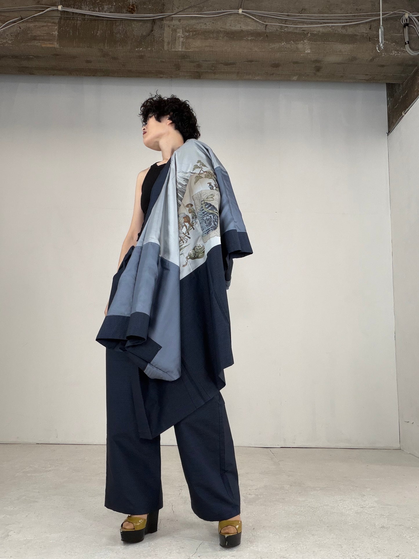 Oshima Tsumugi HAORI  and KIMONO elastic waist pants upcycled from Japanese kimono" ASB008"