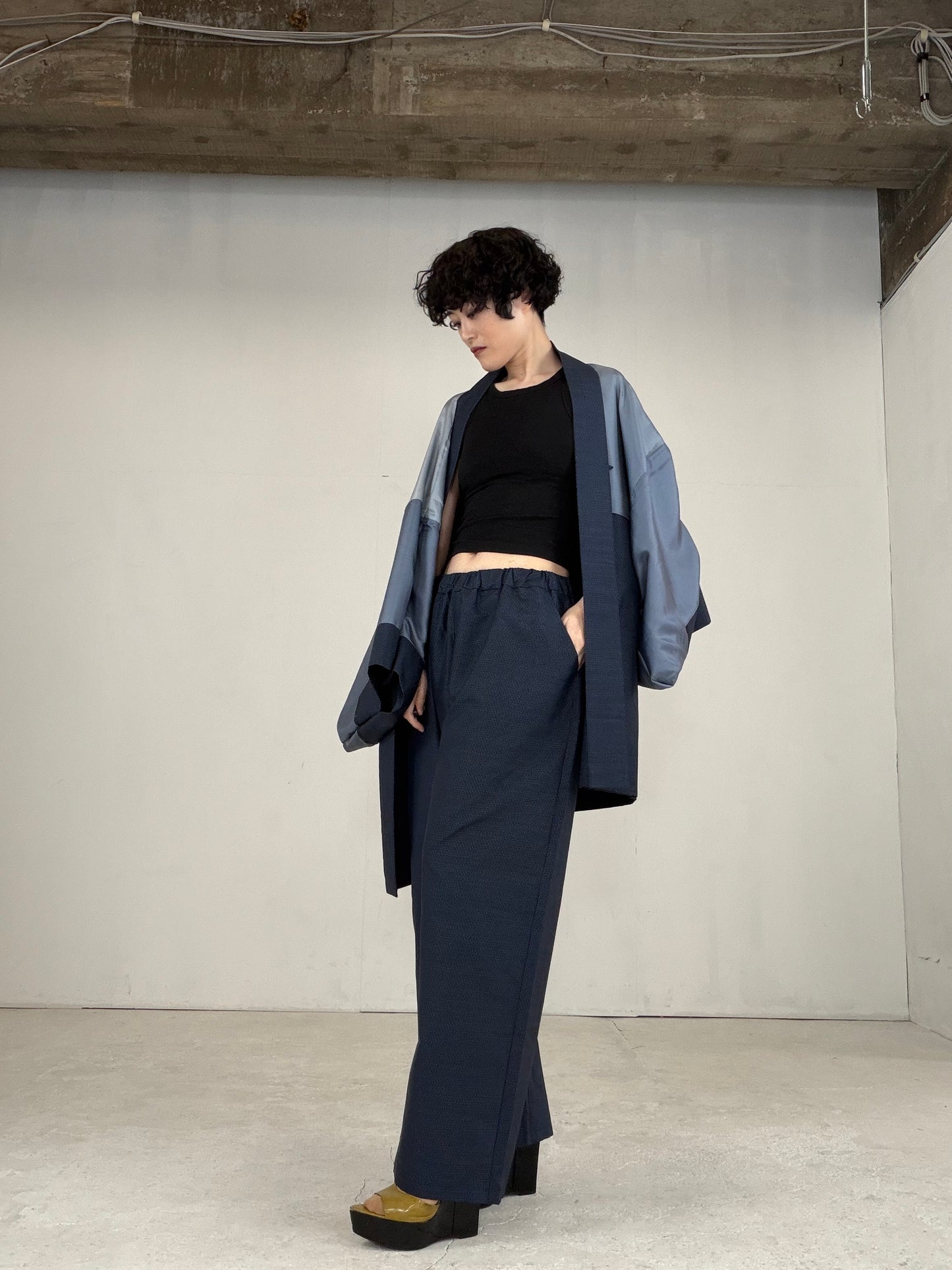 Oshima Tsumugi HAORI  and KIMONO elastic waist pants upcycled from Japanese kimono" ASB008"
