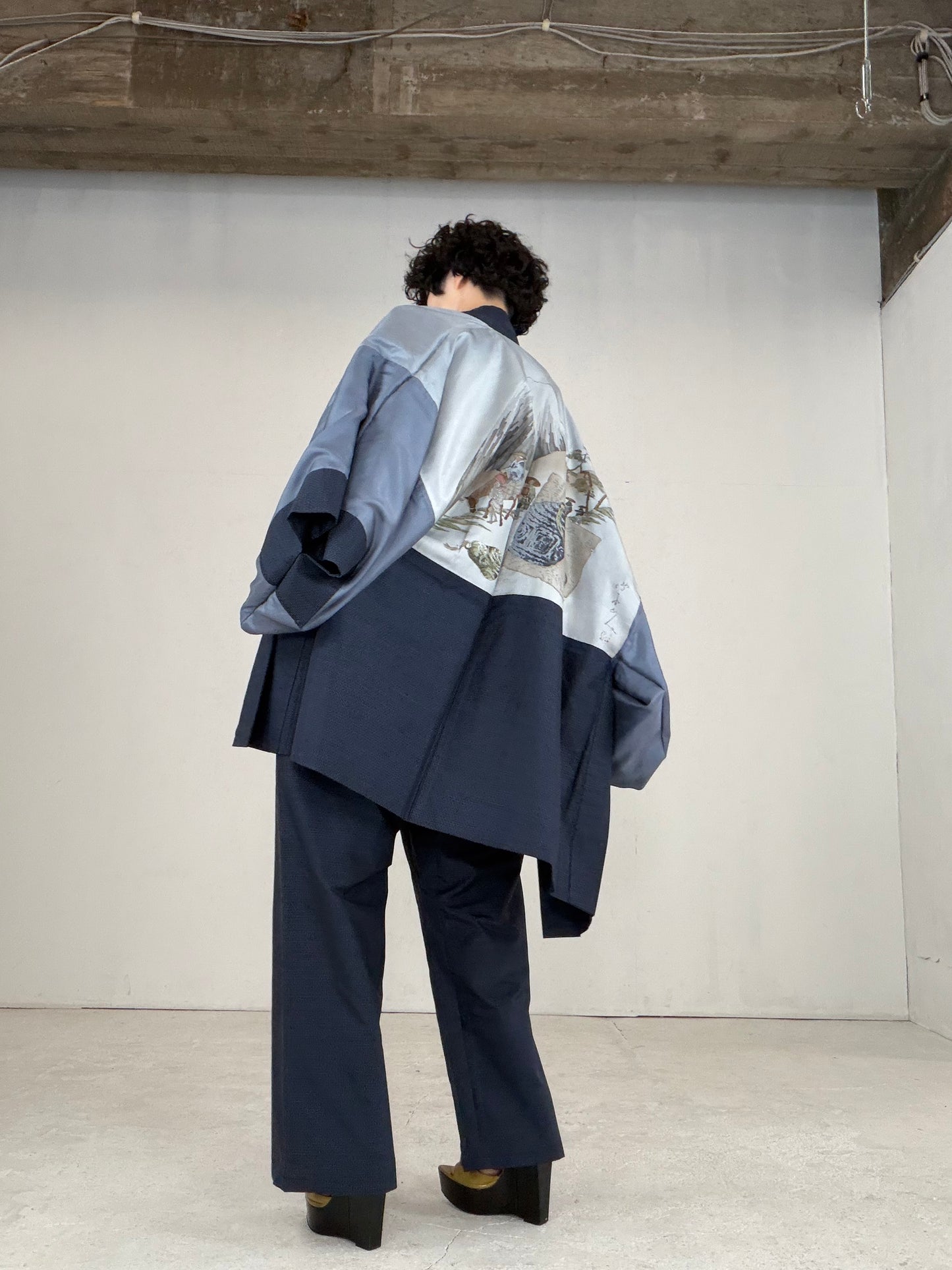 Oshima Tsumugi HAORI  and KIMONO elastic waist pants upcycled from Japanese kimono" ASB008"