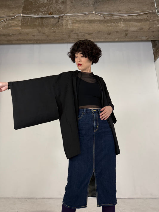 VINTAGE BLACK HAORI "jimon, matsu, kamon swallowtail butterfly”