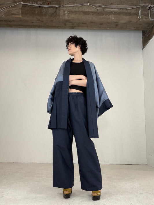 Oshima Tsumugi HAORI  and KIMONO elastic waist pants upcycled from Japanese kimono" ASB008"