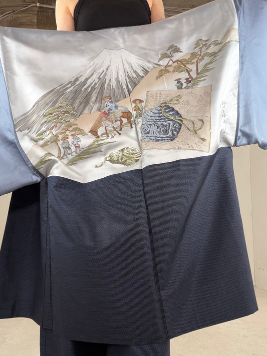 Oshima Tsumugi HAORI  and KIMONO elastic waist pants upcycled from Japanese kimono" ASB008"