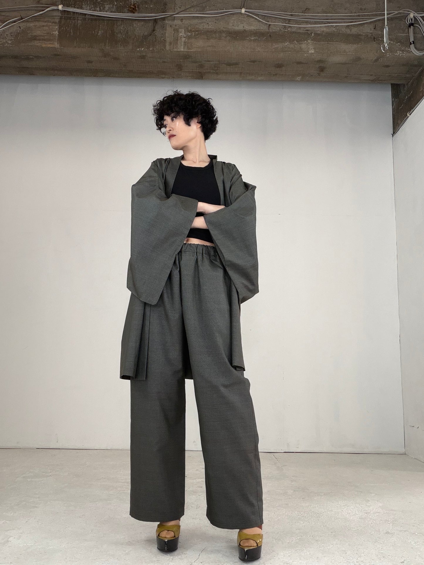 Oshima Tsumugi HAORI  and KIMONO elastic waist pants upcycled from Japanese kimono" ASB007"