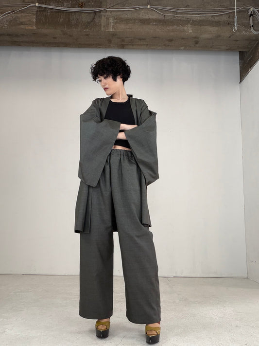 Oshima Tsumugi HAORI  and KIMONO elastic waist pants upcycled from Japanese kimono" ASB007"