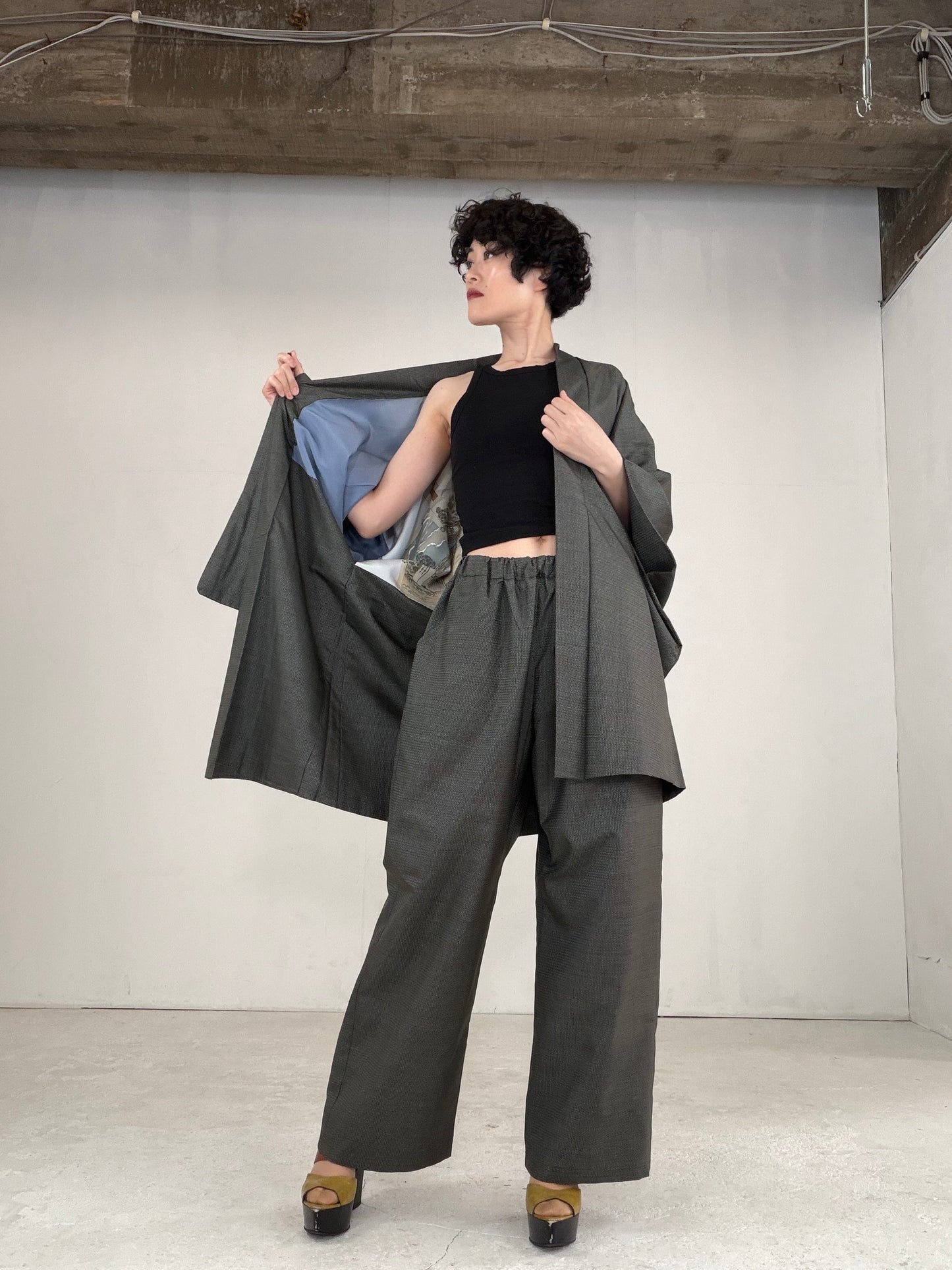 Oshima Tsumugi HAORI  and KIMONO elastic waist pants upcycled from Japanese kimono" ASB007"