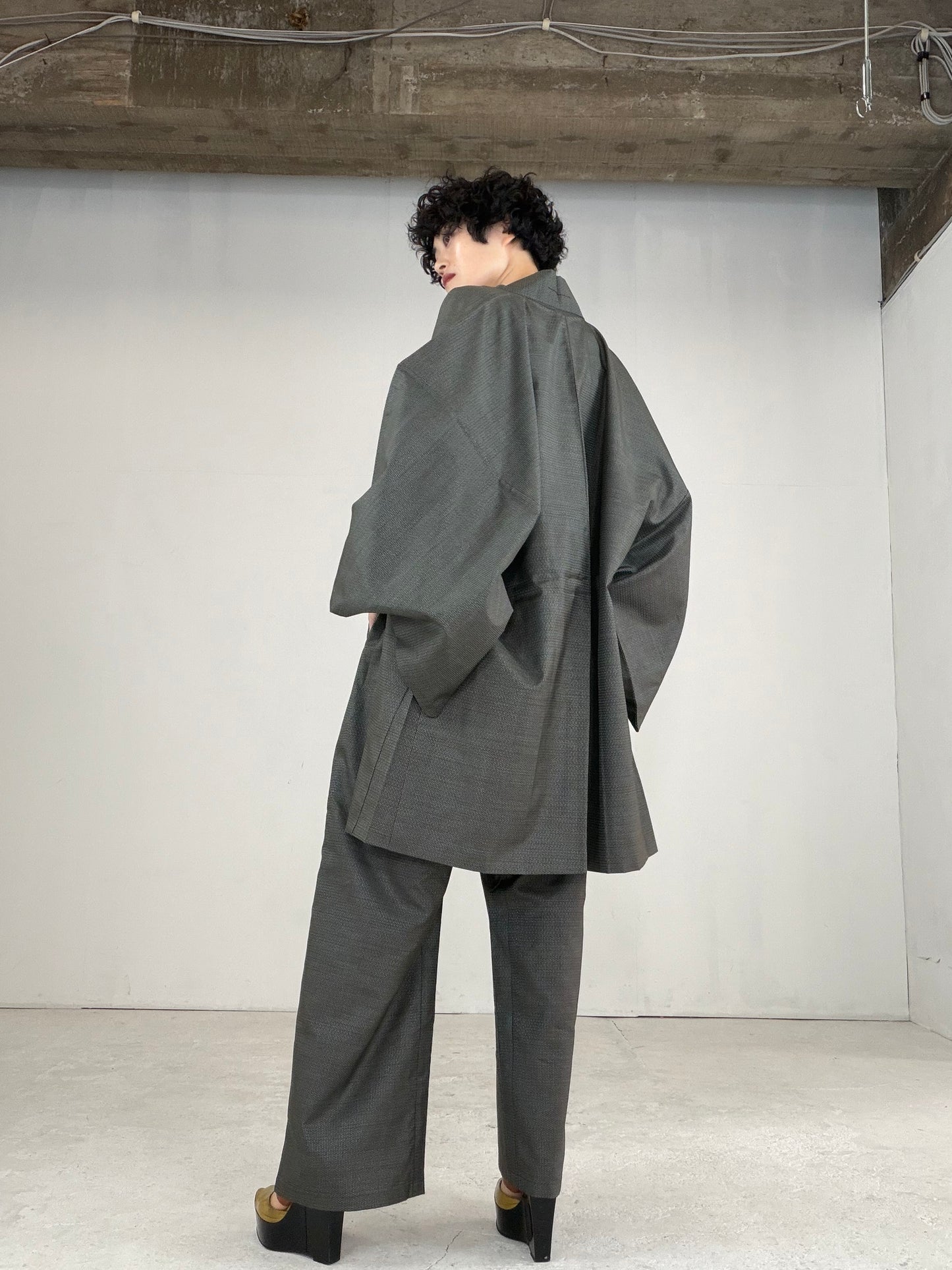 Oshima Tsumugi HAORI  and KIMONO elastic waist pants upcycled from Japanese kimono" ASB007"