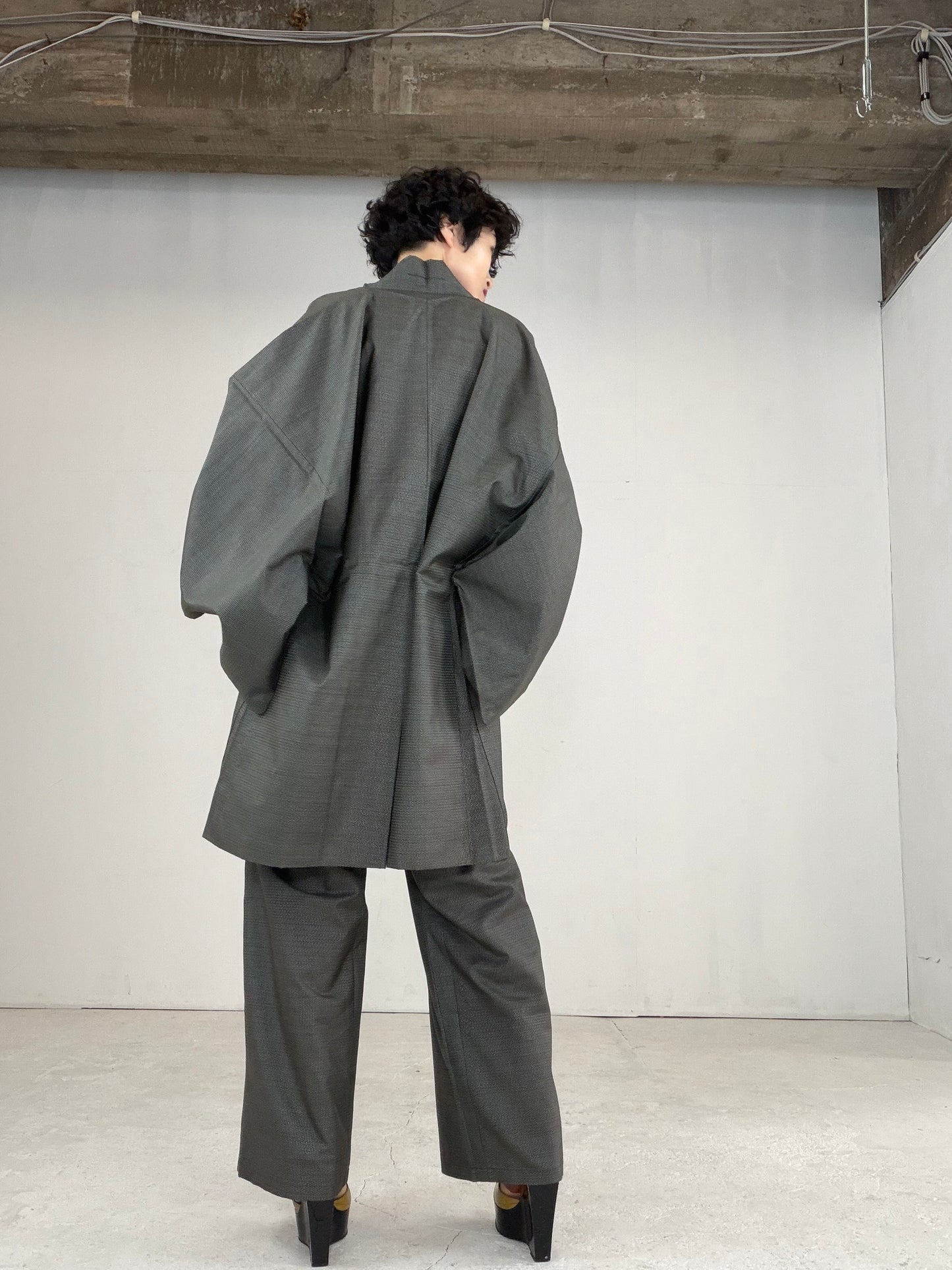Oshima Tsumugi HAORI  and KIMONO elastic waist pants upcycled from Japanese kimono" ASB007"