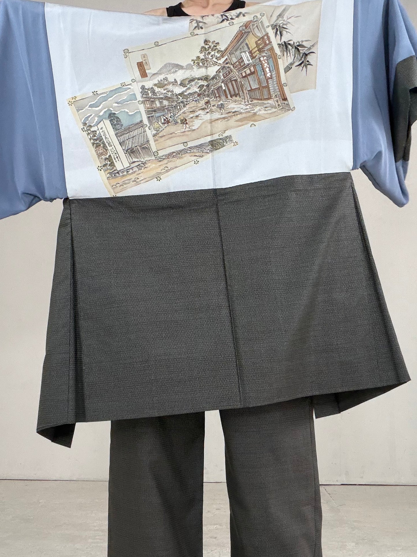 Oshima Tsumugi HAORI  and KIMONO elastic waist pants upcycled from Japanese kimono" ASB007"